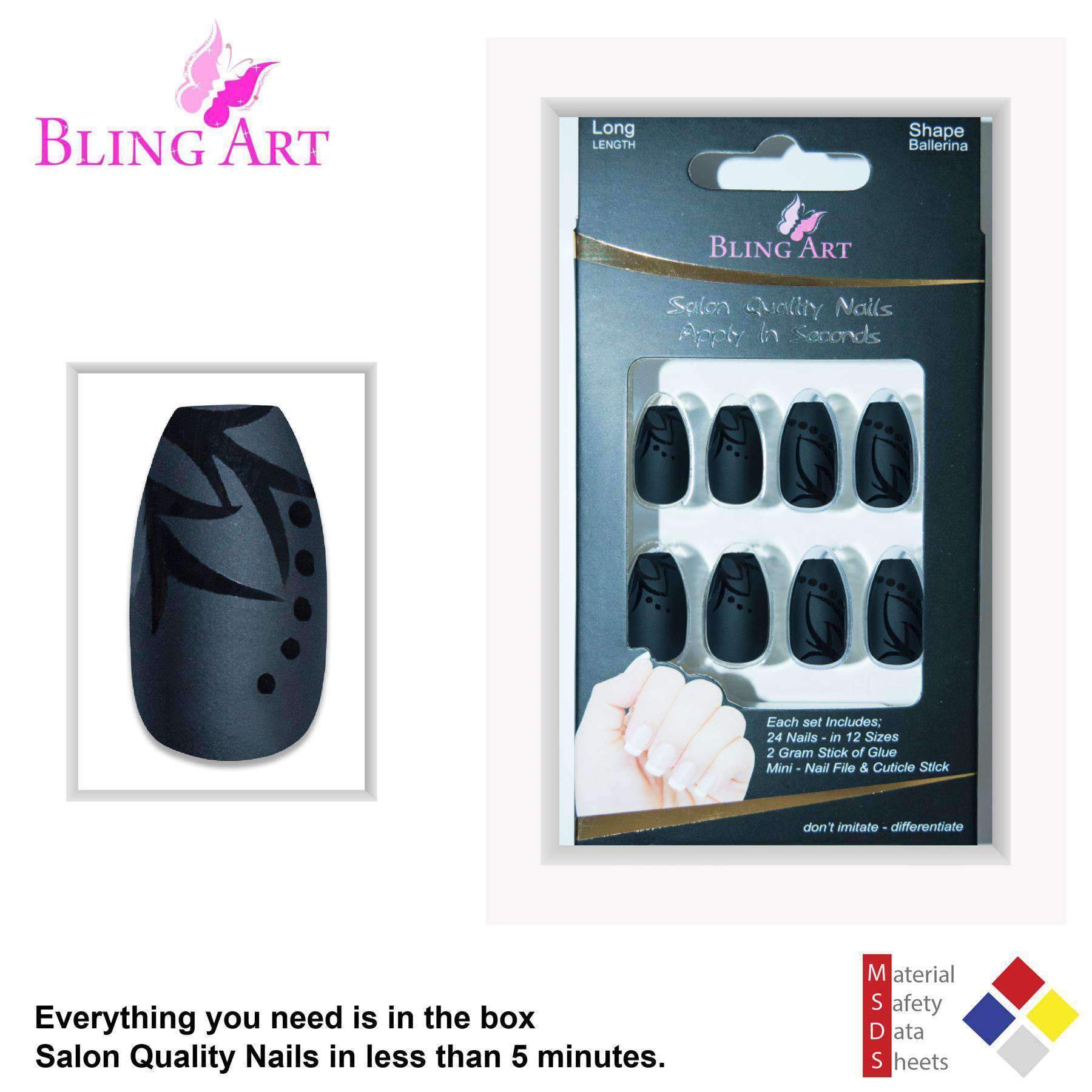 A set of Bling Art Black Leaf Matte Ballerina Coffin Acrylic nails, featuring a chic black leaf design, along with glue, a nail file, and a cuticle stick.