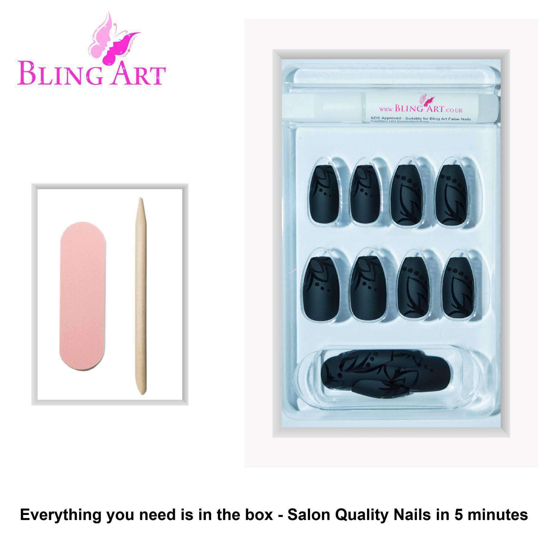 A set of Bling Art Black Leaf Matte Ballerina Coffin Acrylic nails, featuring a chic black leaf design, along with glue, a nail file, and a cuticle stick.