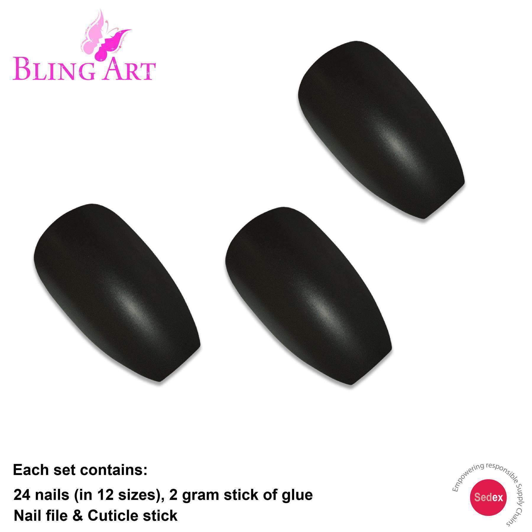 Bling Art Black Matte Metallic Ballerina Coffin Fake Nails displayed with included glue, nail file, and cuticle stick, showcasing their elegant design.