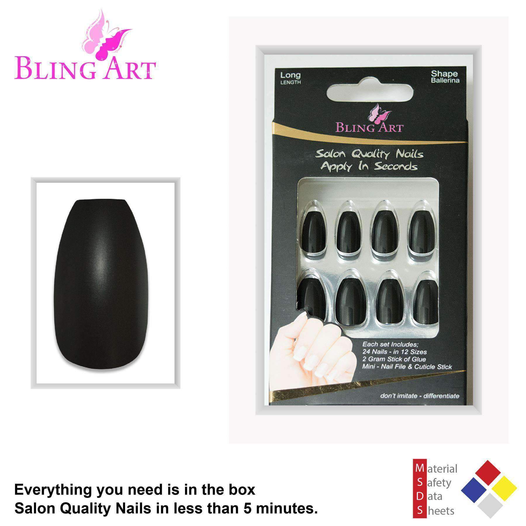 Bling Art Black Matte Metallic Ballerina Coffin Fake Nails displayed with included glue, nail file, and cuticle stick, showcasing their elegant design.