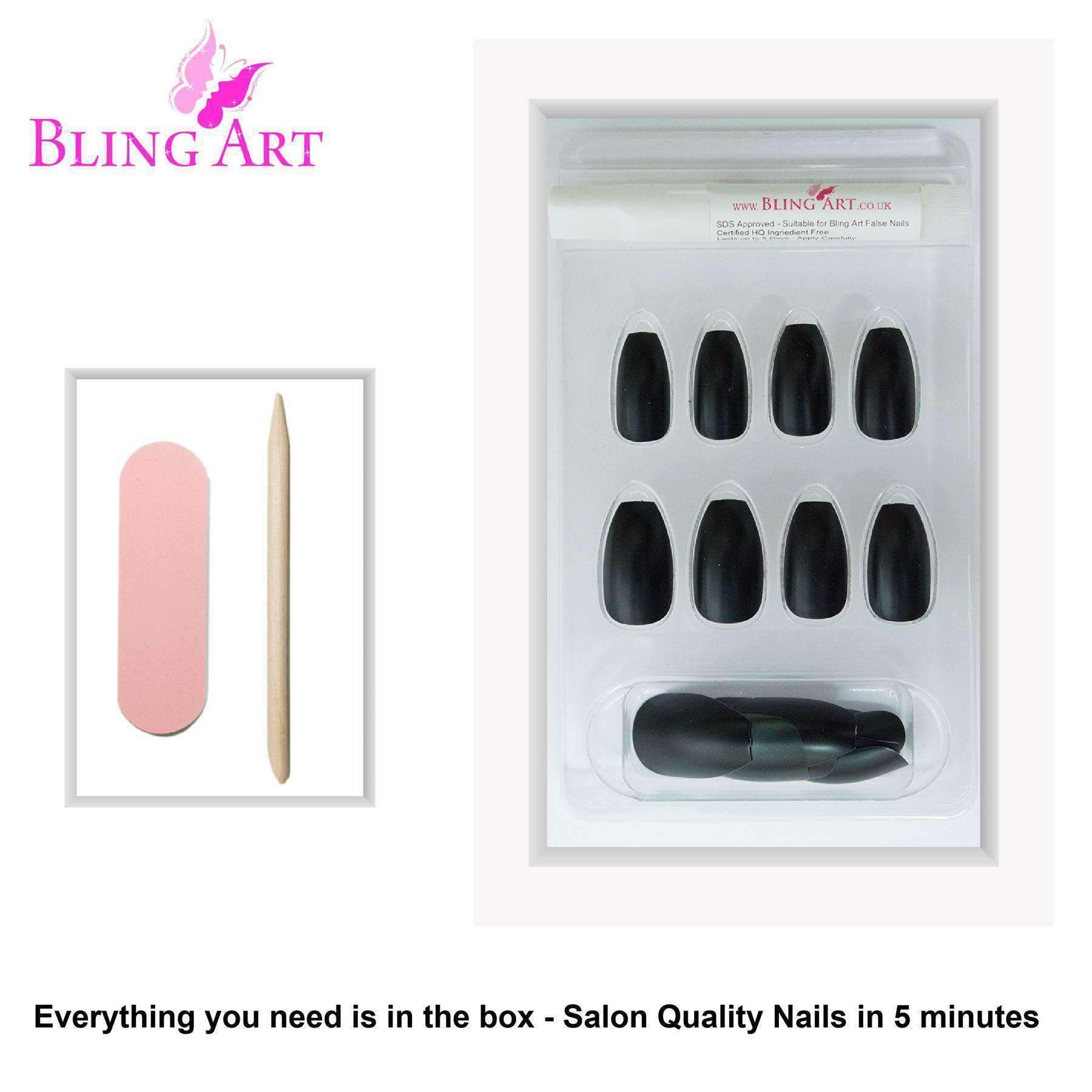 Bling Art Black Matte Metallic Ballerina Coffin Fake Nails displayed with included glue, nail file, and cuticle stick, showcasing their elegant design.