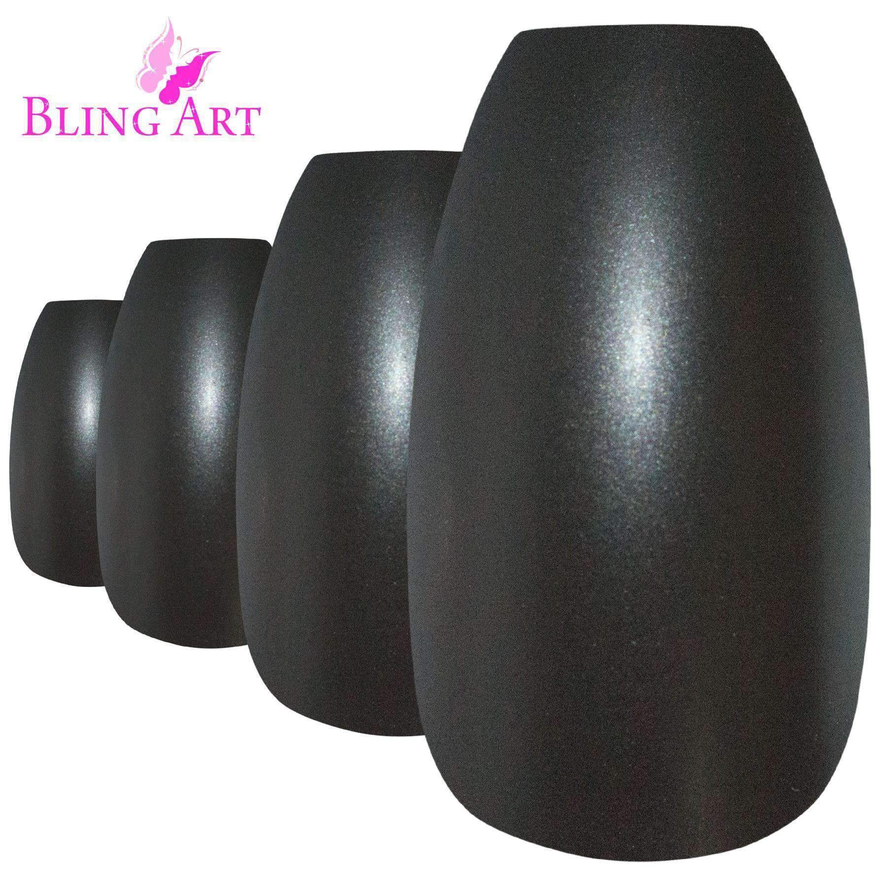 Bling Art Black Matte Metallic Ballerina Coffin Fake Nails displayed with included glue, nail file, and cuticle stick, showcasing their elegant design.