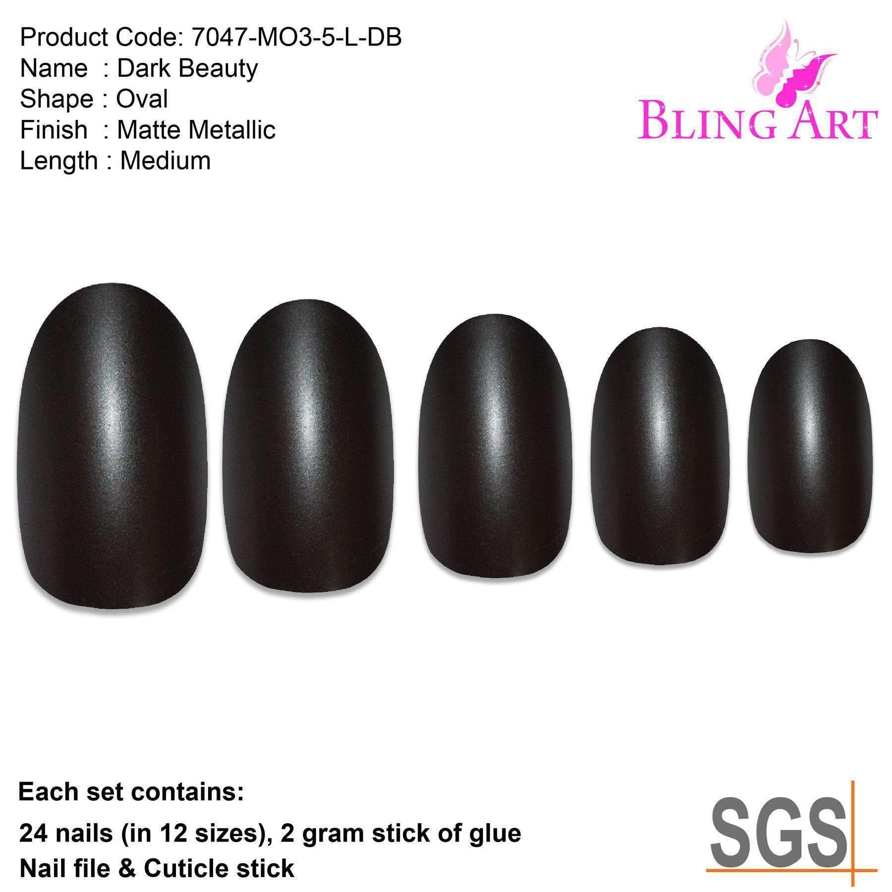 Bling Art Black Matte Metallic Oval Medium Fake Acrylic Nails set with 24 nail tips, glue, nail file, and cuticle stick displayed elegantly.