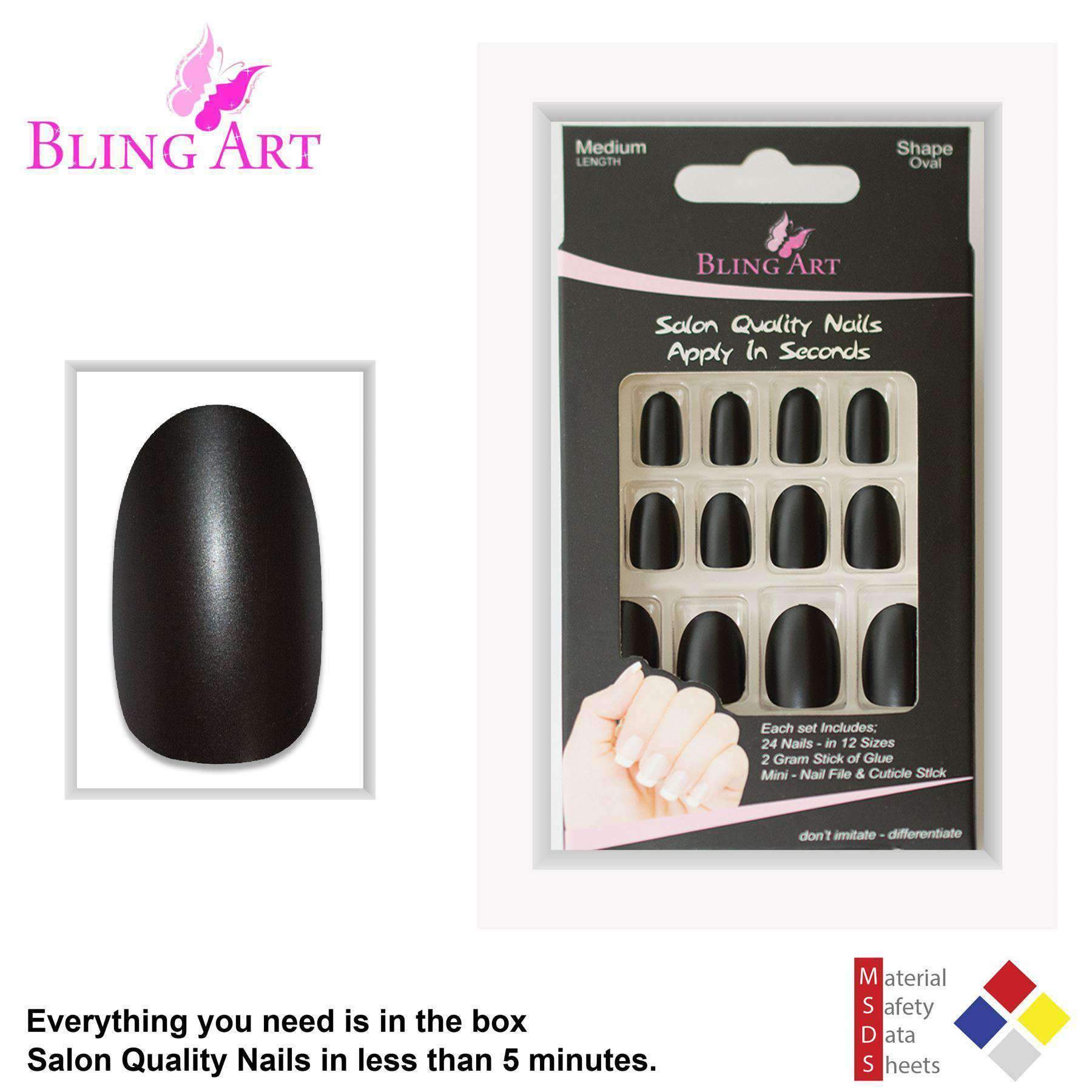 Bling Art Black Matte Metallic Oval Medium Fake Acrylic Nails set with 24 nail tips, glue, nail file, and cuticle stick displayed elegantly.