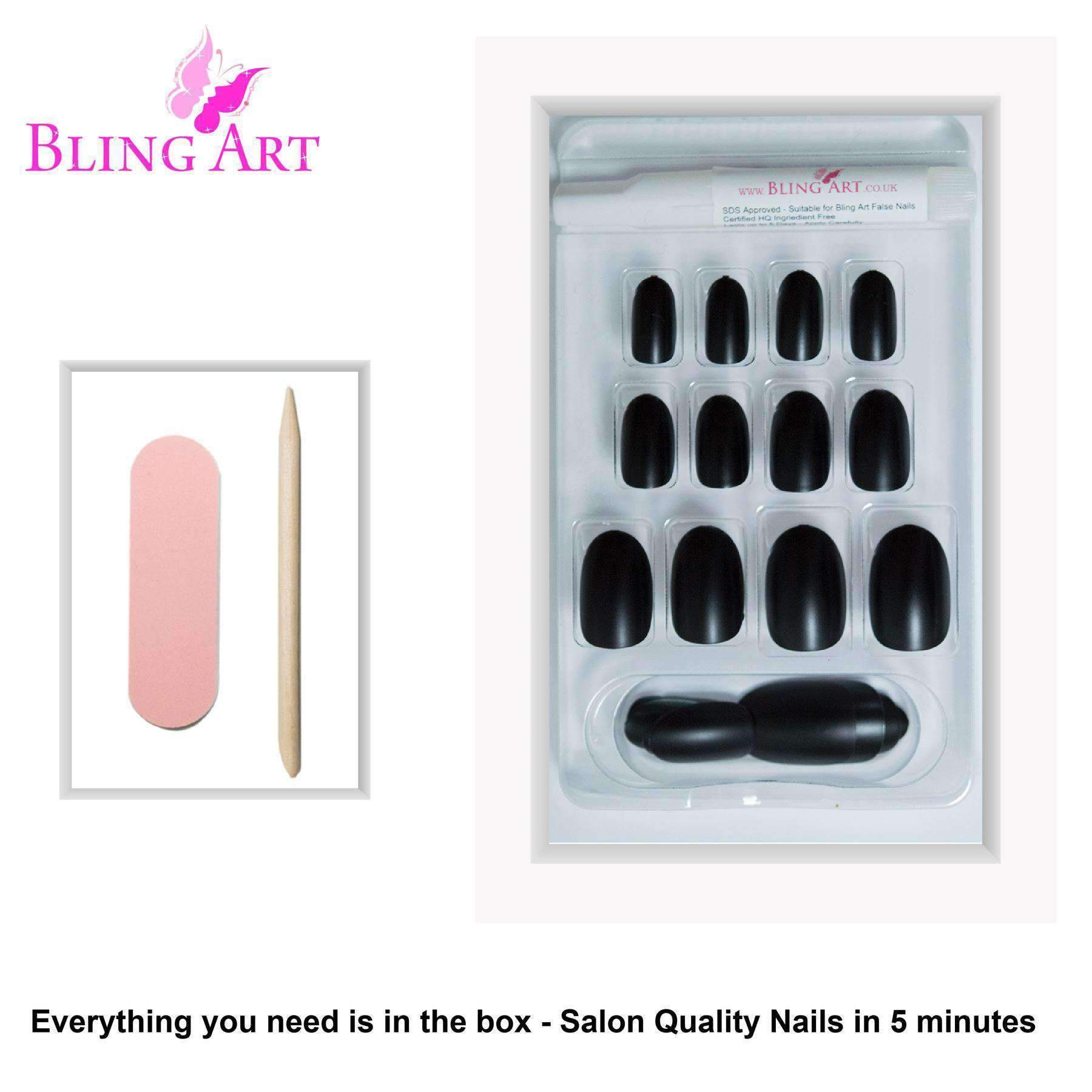 Bling Art Black Matte Metallic Oval Medium Fake Acrylic Nails set with 24 nail tips, glue, nail file, and cuticle stick displayed elegantly.