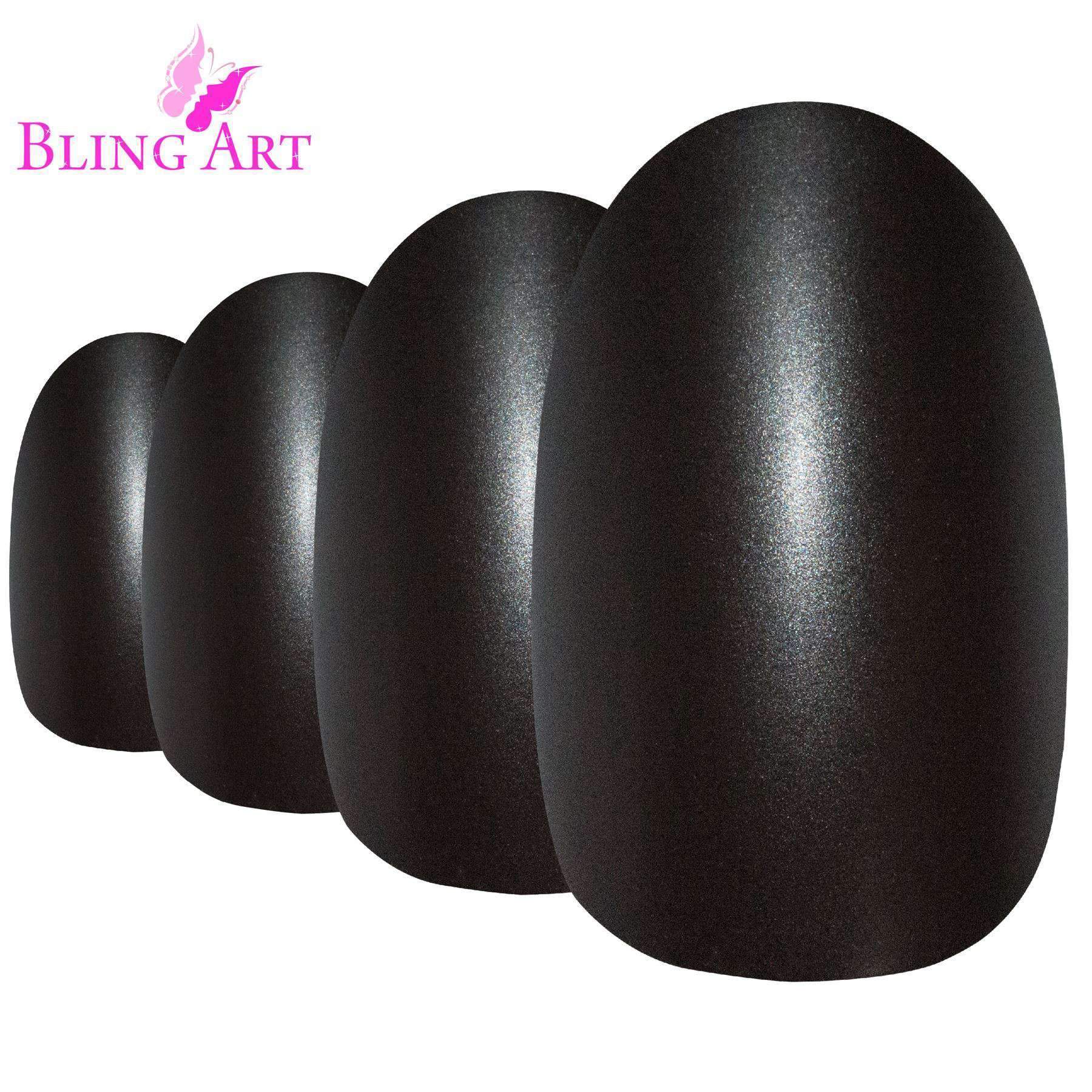 Bling Art Black Matte Metallic Oval Medium Fake Acrylic Nails set with 24 nail tips, glue, nail file, and cuticle stick displayed elegantly.