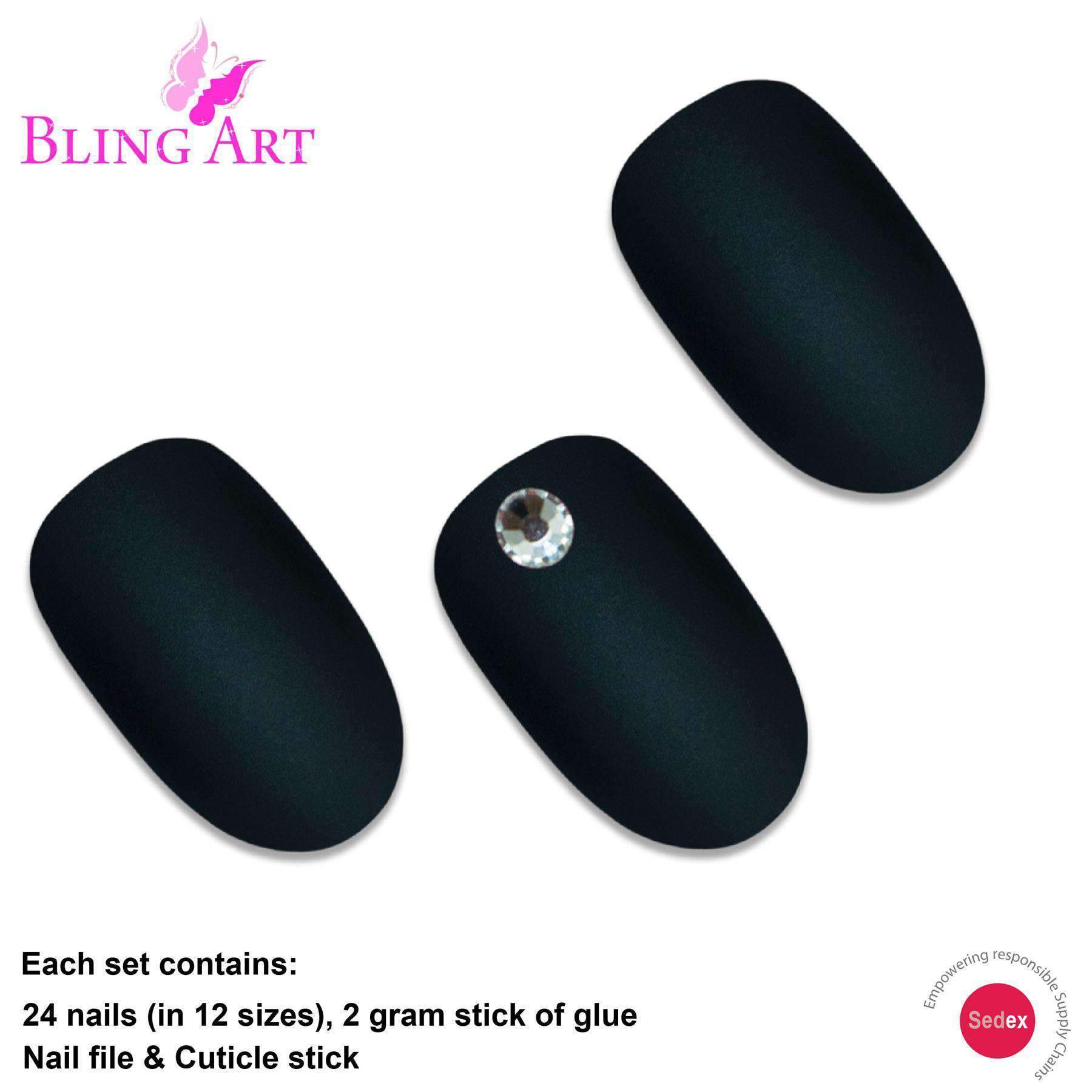 Bling Art Black Matte Oval Medium Fake Acrylic Nails set with 24 tips, including 8 crystal-adorned nails, glue, nail file, and cuticle stick.