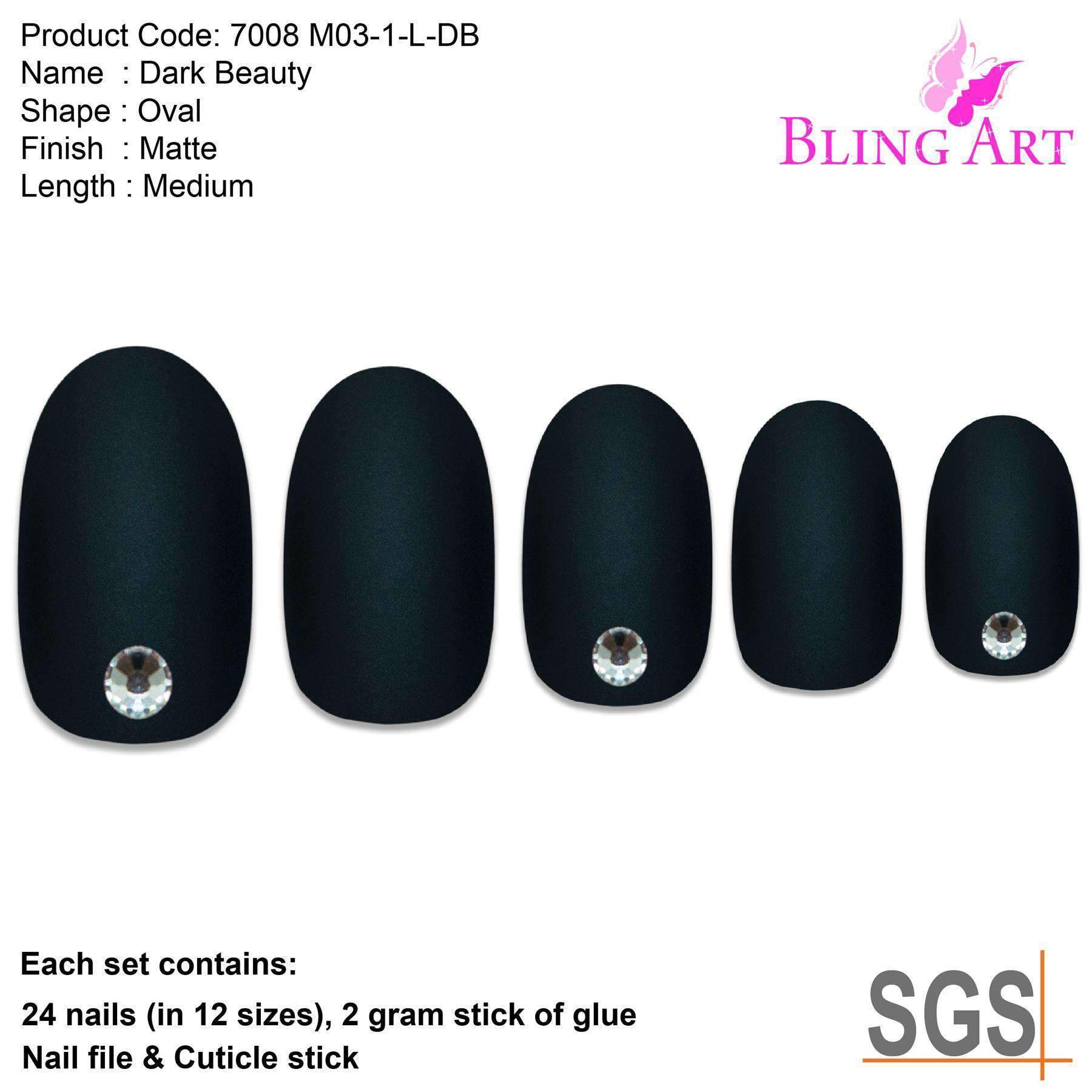 Bling Art Black Matte Oval Medium Fake Acrylic Nails set with 24 tips, including 8 crystal-adorned nails, glue, nail file, and cuticle stick.