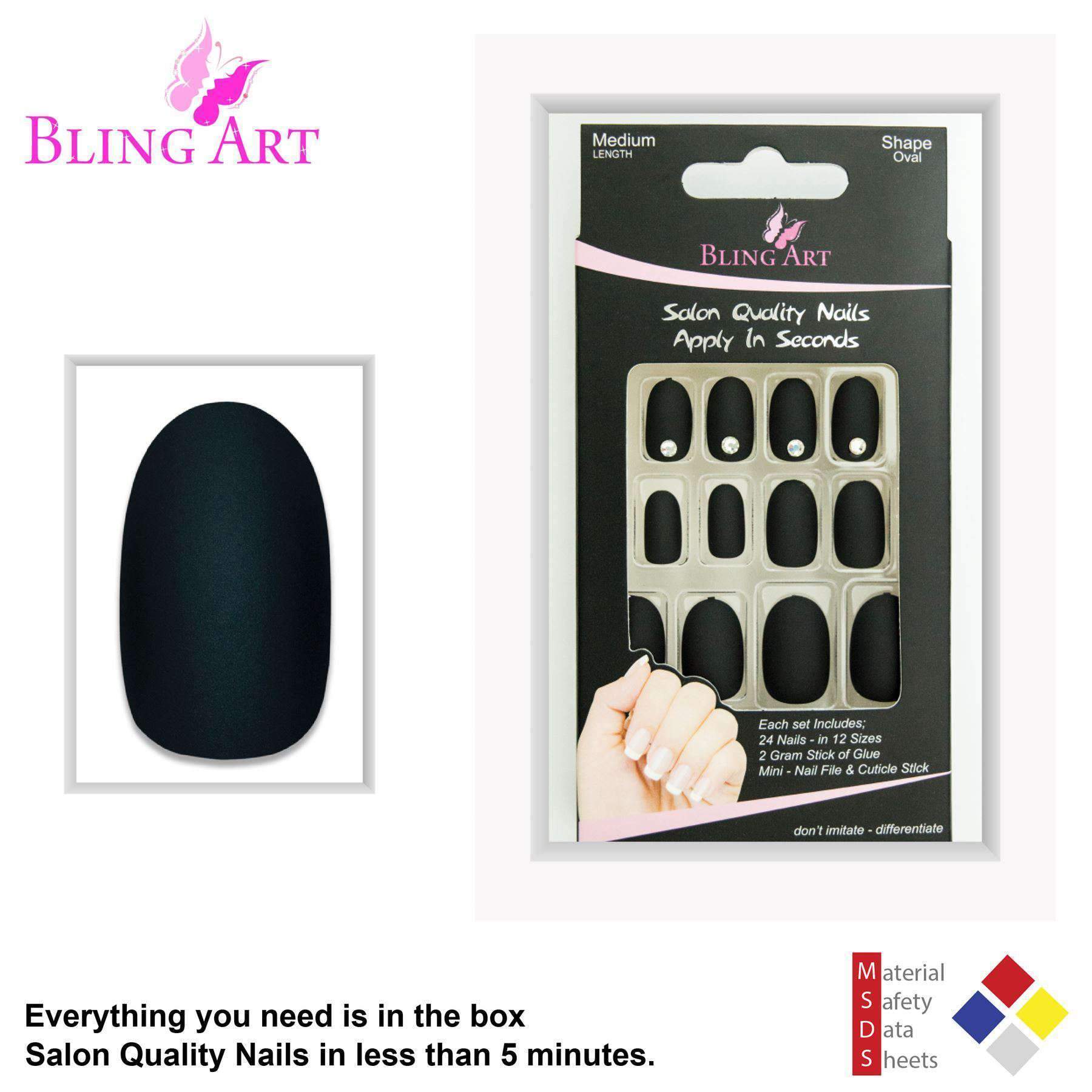 Bling Art Black Matte Oval Medium Fake Acrylic Nails set with 24 tips, including 8 crystal-adorned nails, glue, nail file, and cuticle stick.