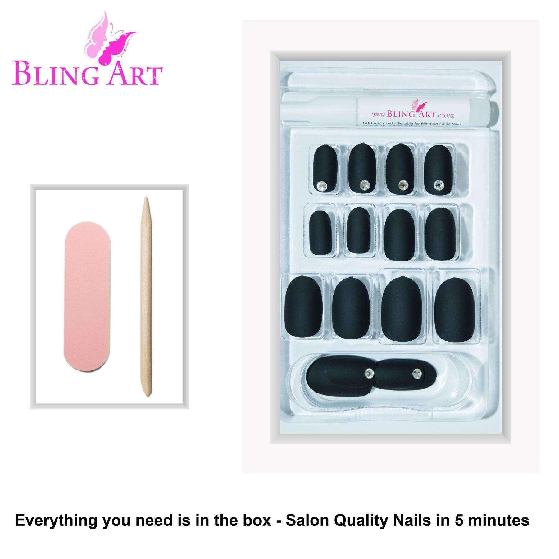 Bling Art Black Matte Oval Medium Fake Acrylic Nails set with 24 tips, including 8 crystal-adorned nails, glue, nail file, and cuticle stick.