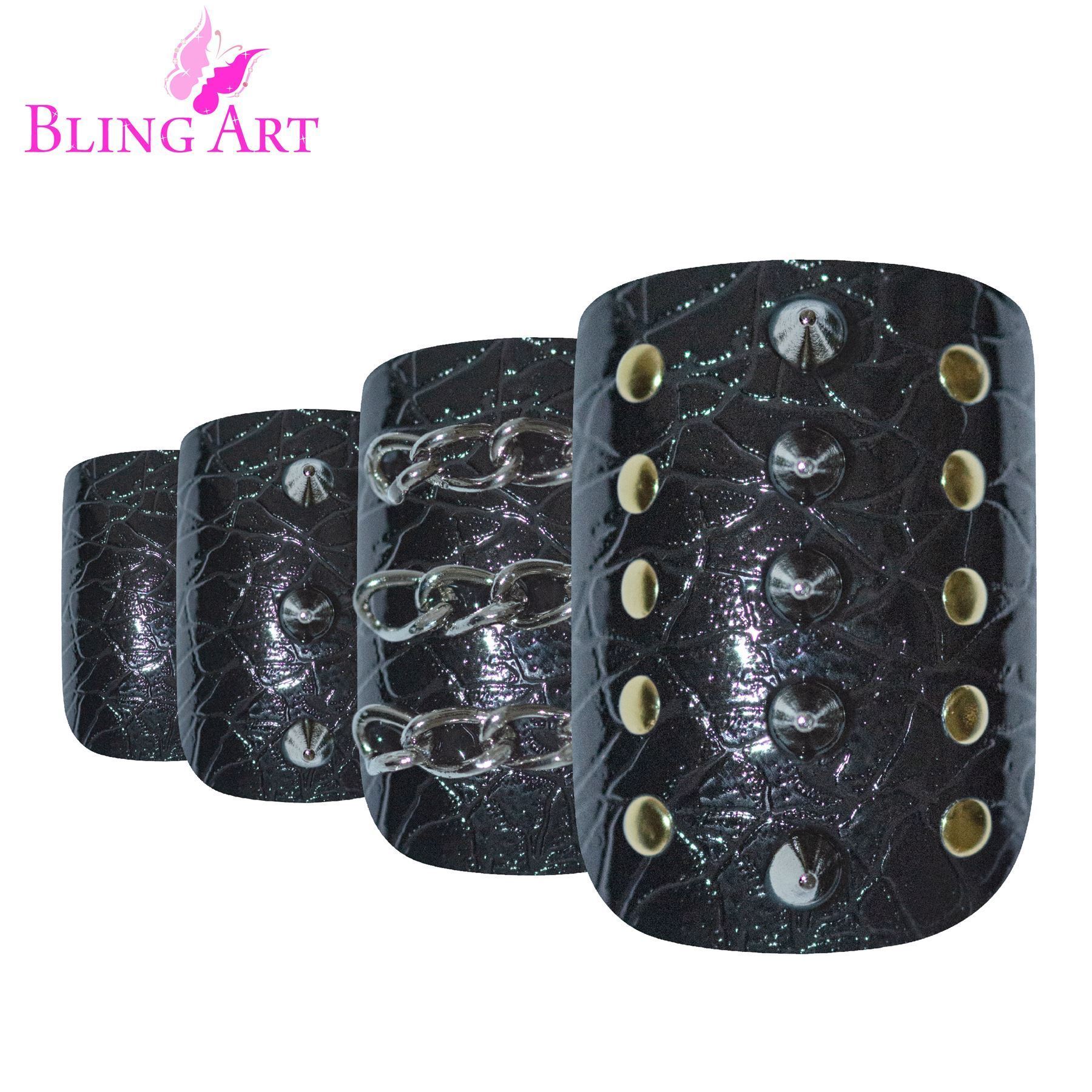 Bling Art Black Punk French Squoval false nails set with spikes and indents, including glue, nail file, and cuticle stick.