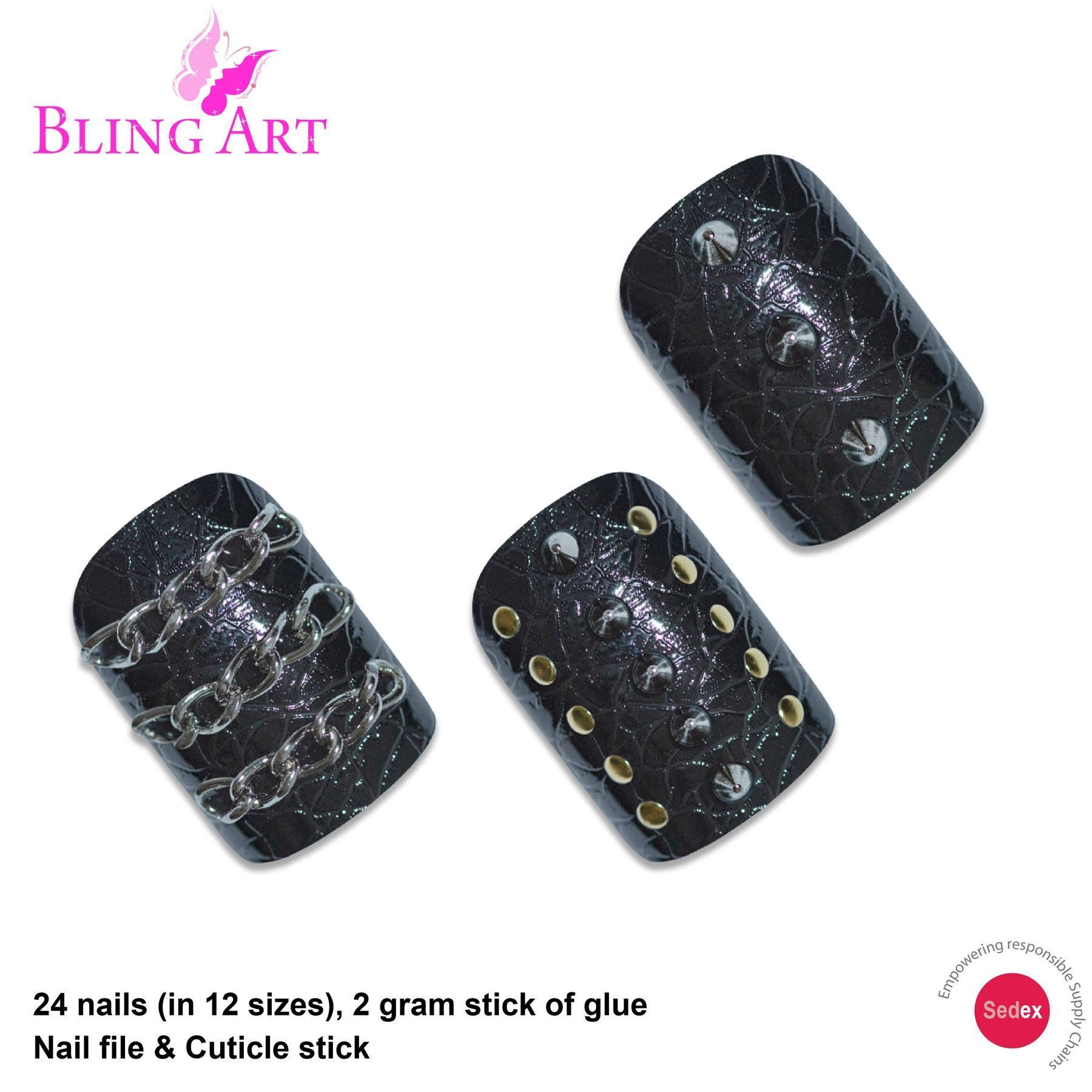 Bling Art Black Punk French Squoval false nails set with spikes and indents, including glue, nail file, and cuticle stick.