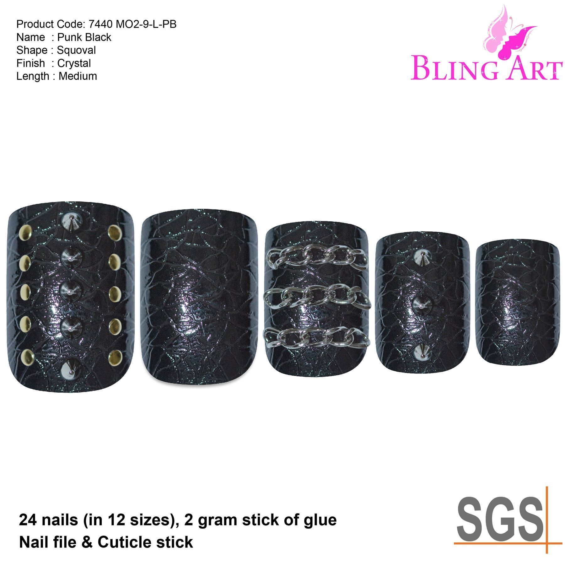 Bling Art Black Punk French Squoval false nails set with spikes and indents, including glue, nail file, and cuticle stick.