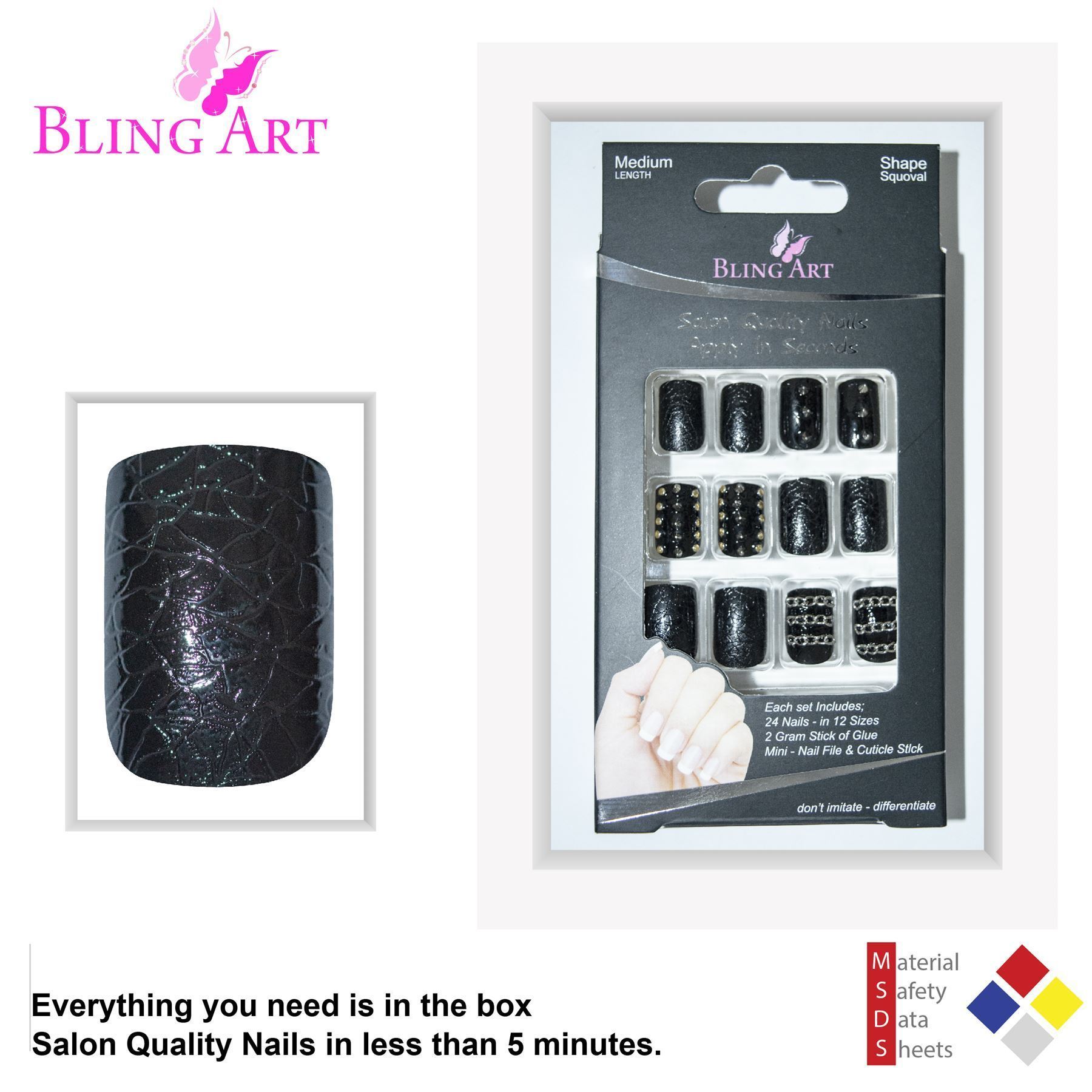 Bling Art Black Punk French Squoval false nails set with spikes and indents, including glue, nail file, and cuticle stick.