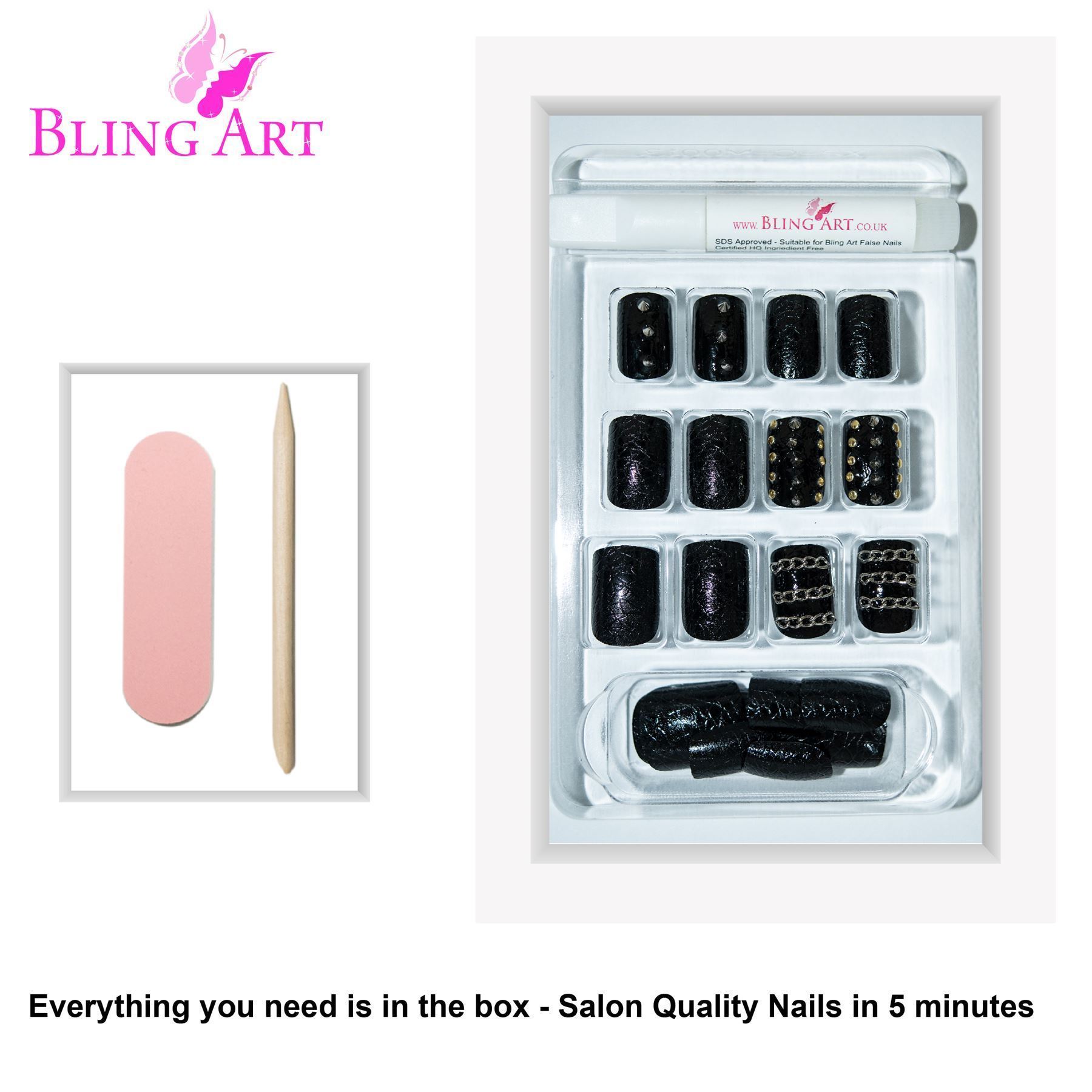 Bling Art Black Punk French Squoval false nails set with spikes and indents, including glue, nail file, and cuticle stick.