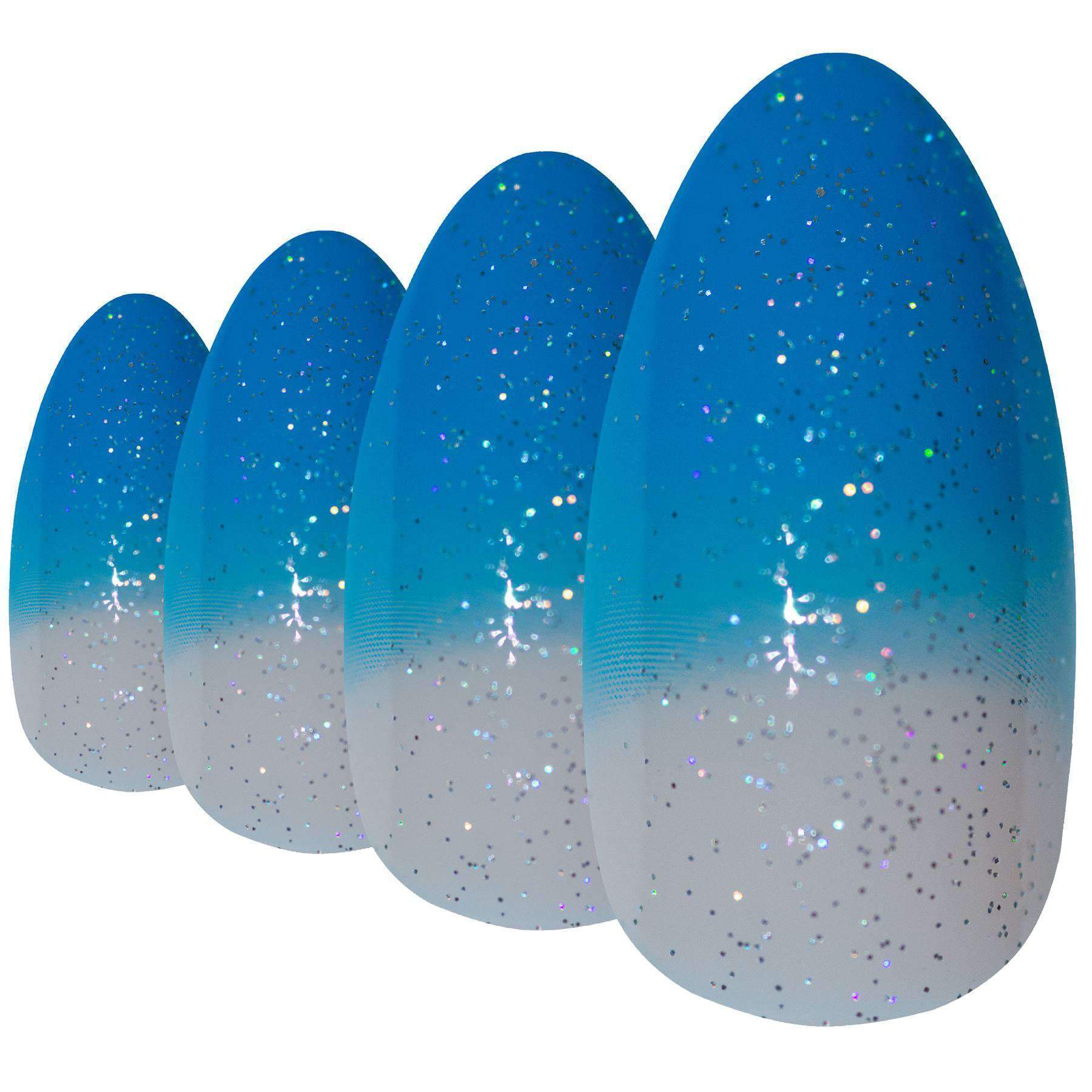 Bling Art Blue Gel Glitter False Nails in almond stiletto shape, showcasing a shimmering baby blue color with glitter accents.