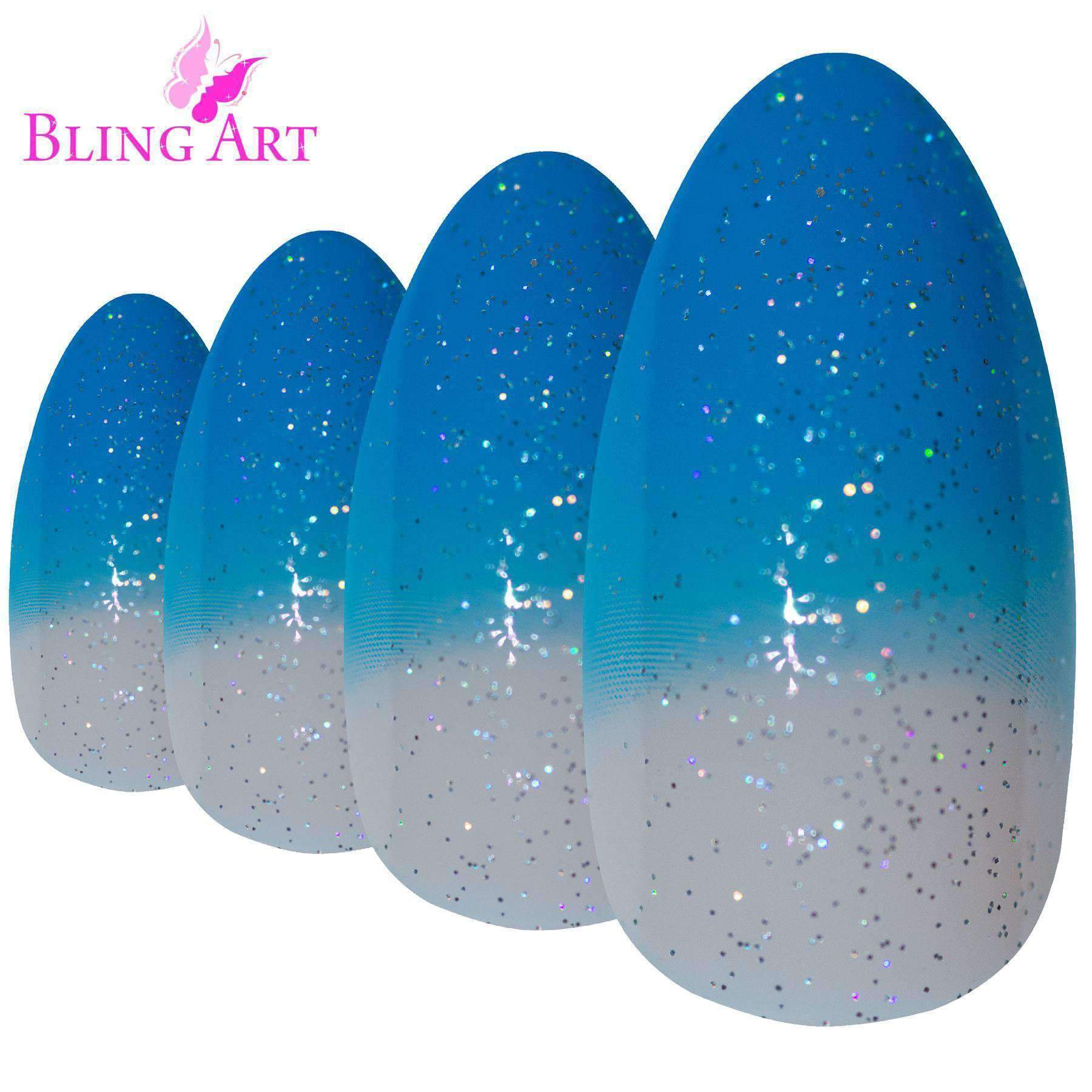 Bling Art Blue Gel Glitter False Nails in almond stiletto shape, showcasing a shimmering baby blue color with glitter accents.