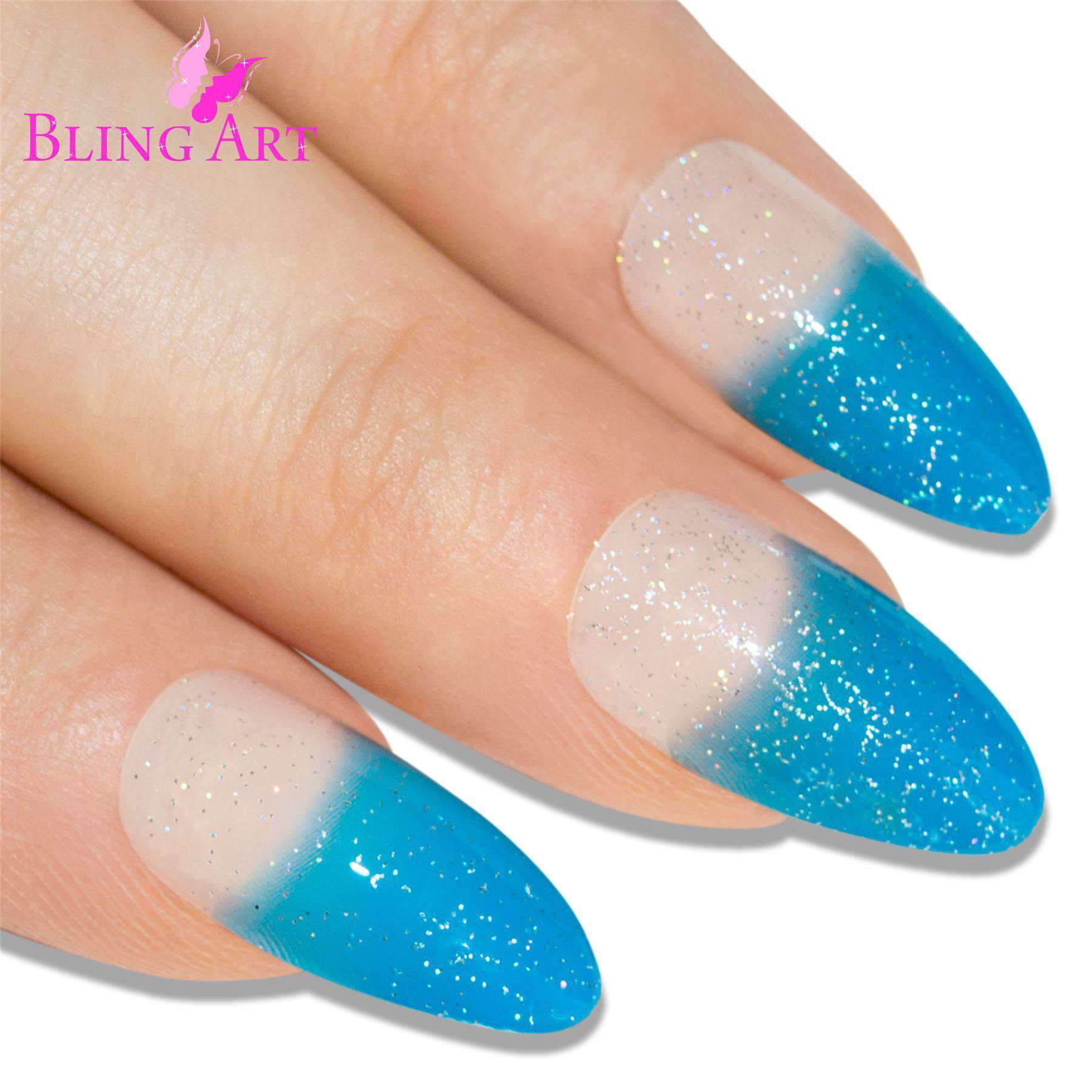 Bling Art Blue Gel Glitter False Nails in almond stiletto shape, showcasing a shimmering baby blue color with glitter accents.