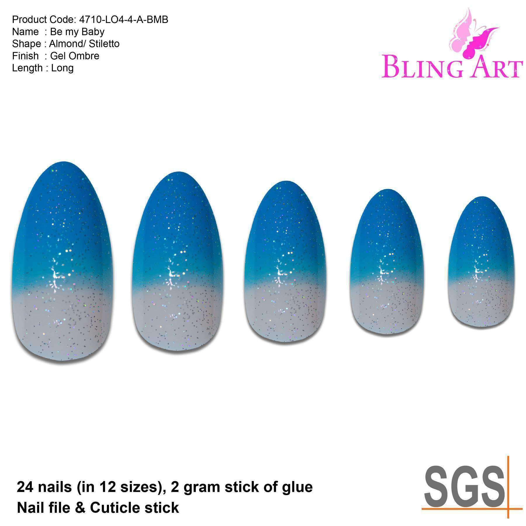 Bling Art Blue Gel Glitter False Nails in almond stiletto shape, showcasing a shimmering baby blue color with glitter accents.