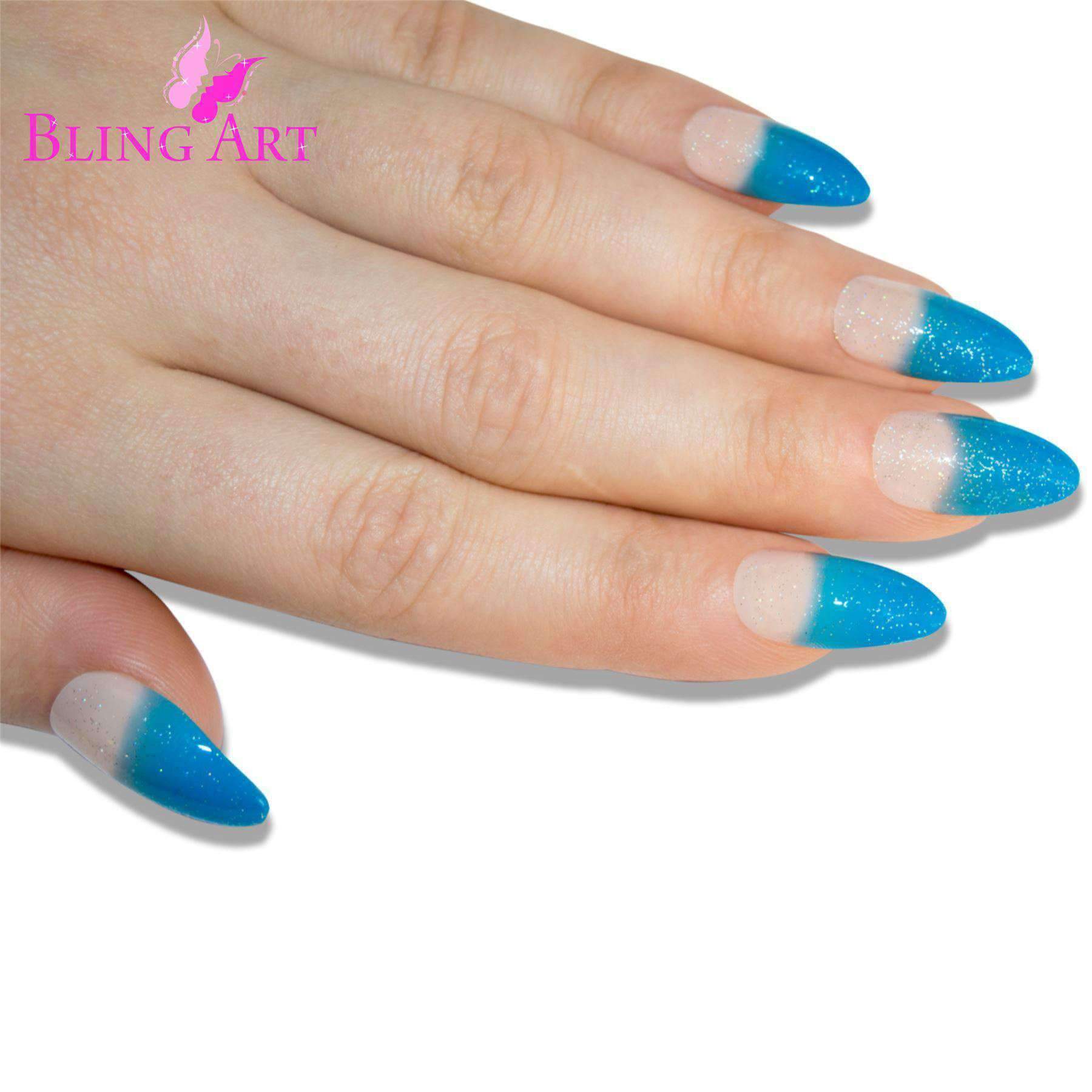 Bling Art Blue Gel Glitter False Nails in almond stiletto shape, showcasing a shimmering baby blue color with glitter accents.