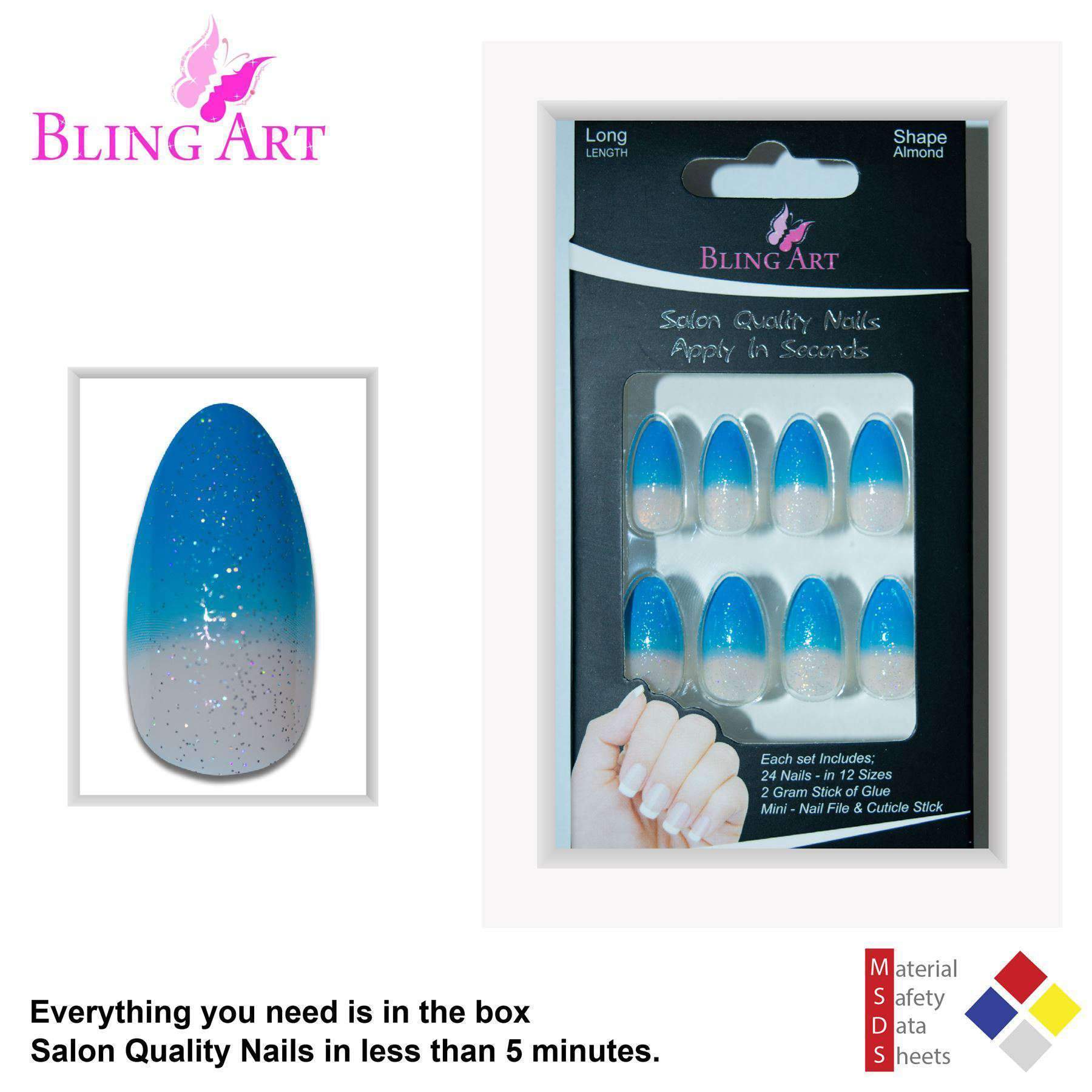 Bling Art Blue Gel Glitter False Nails in almond stiletto shape, showcasing a shimmering baby blue color with glitter accents.