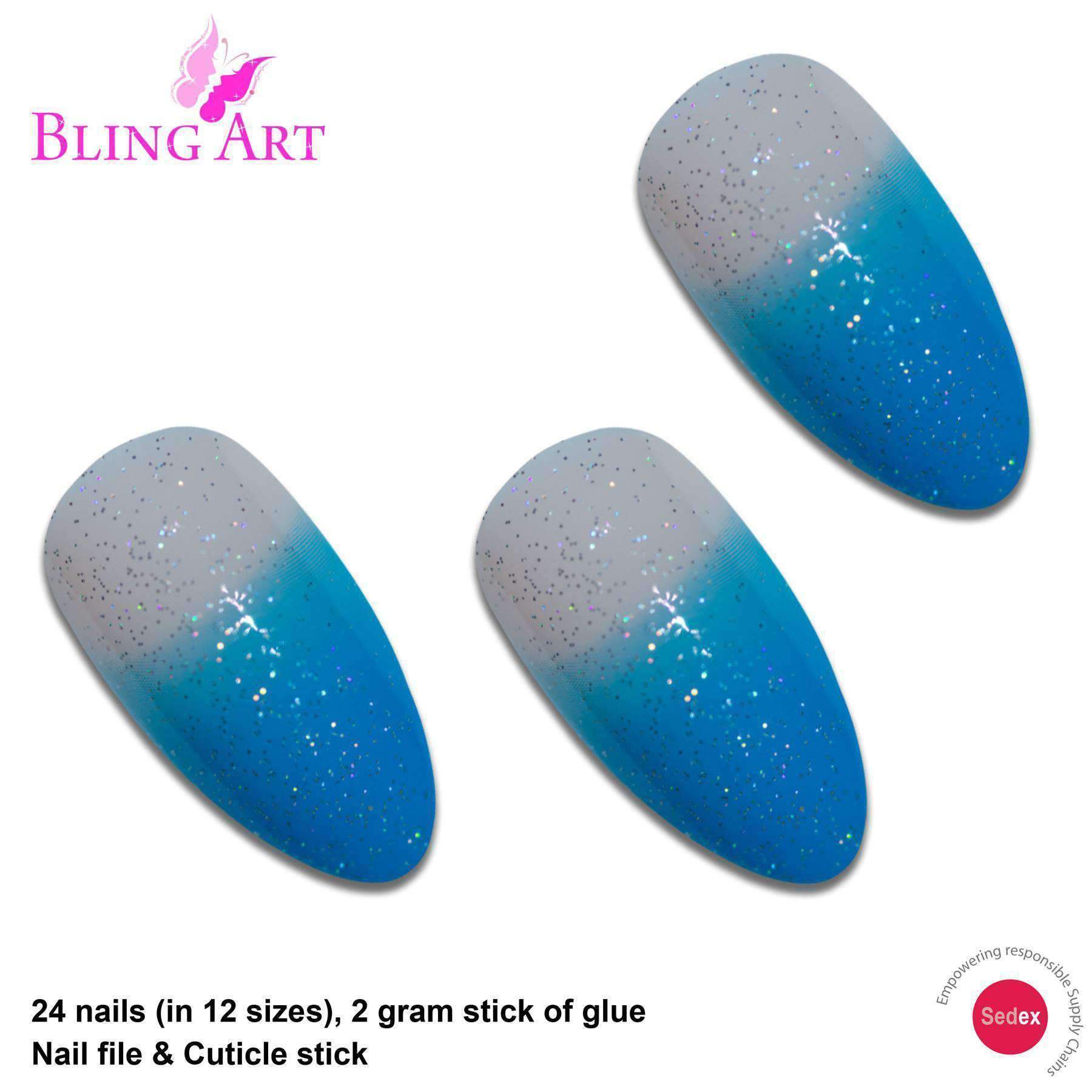 Bling Art Blue Gel Glitter False Nails in almond stiletto shape, showcasing a shimmering baby blue color with glitter accents.