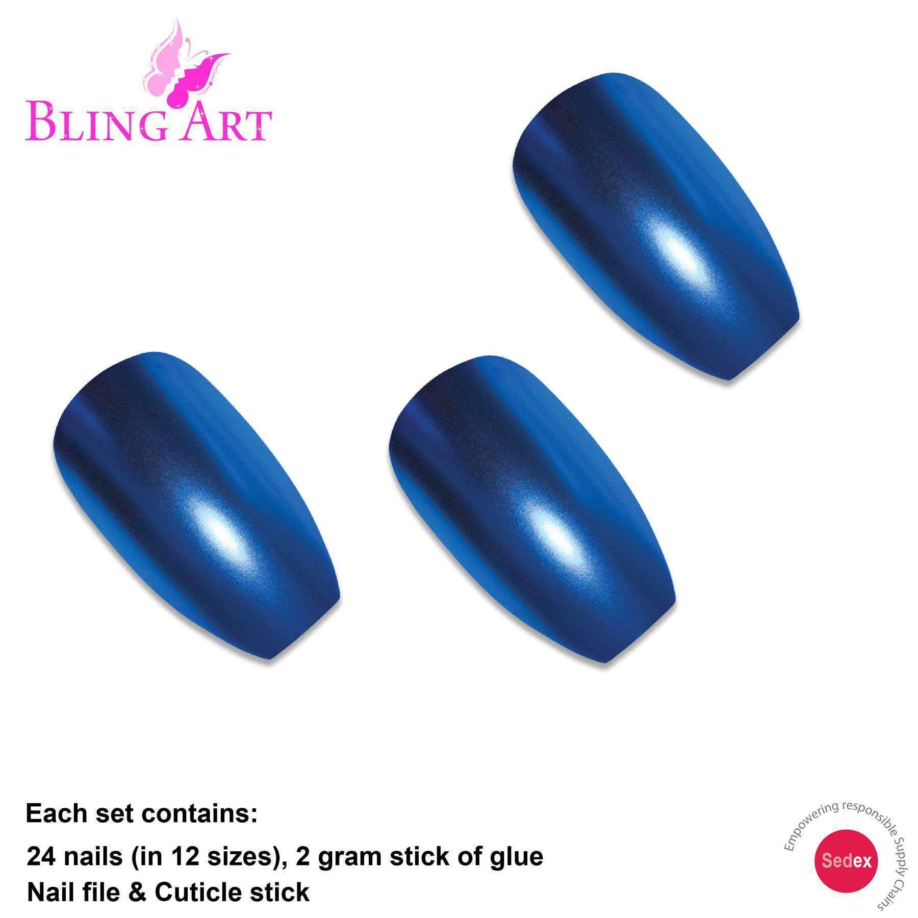 Bling Art Blue Matte Metallic Ballerina Coffin Fake Nails set with glue, nail file, and cuticle stick, showcasing a stylish ocean-inspired design.