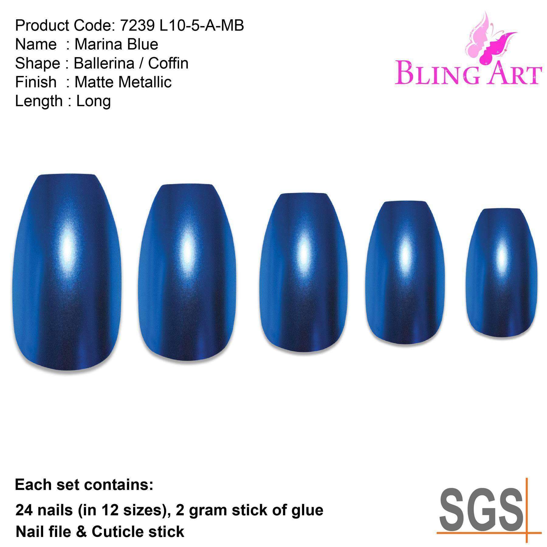 Bling Art Blue Matte Metallic Ballerina Coffin Fake Nails set with glue, nail file, and cuticle stick, showcasing a stylish ocean-inspired design.