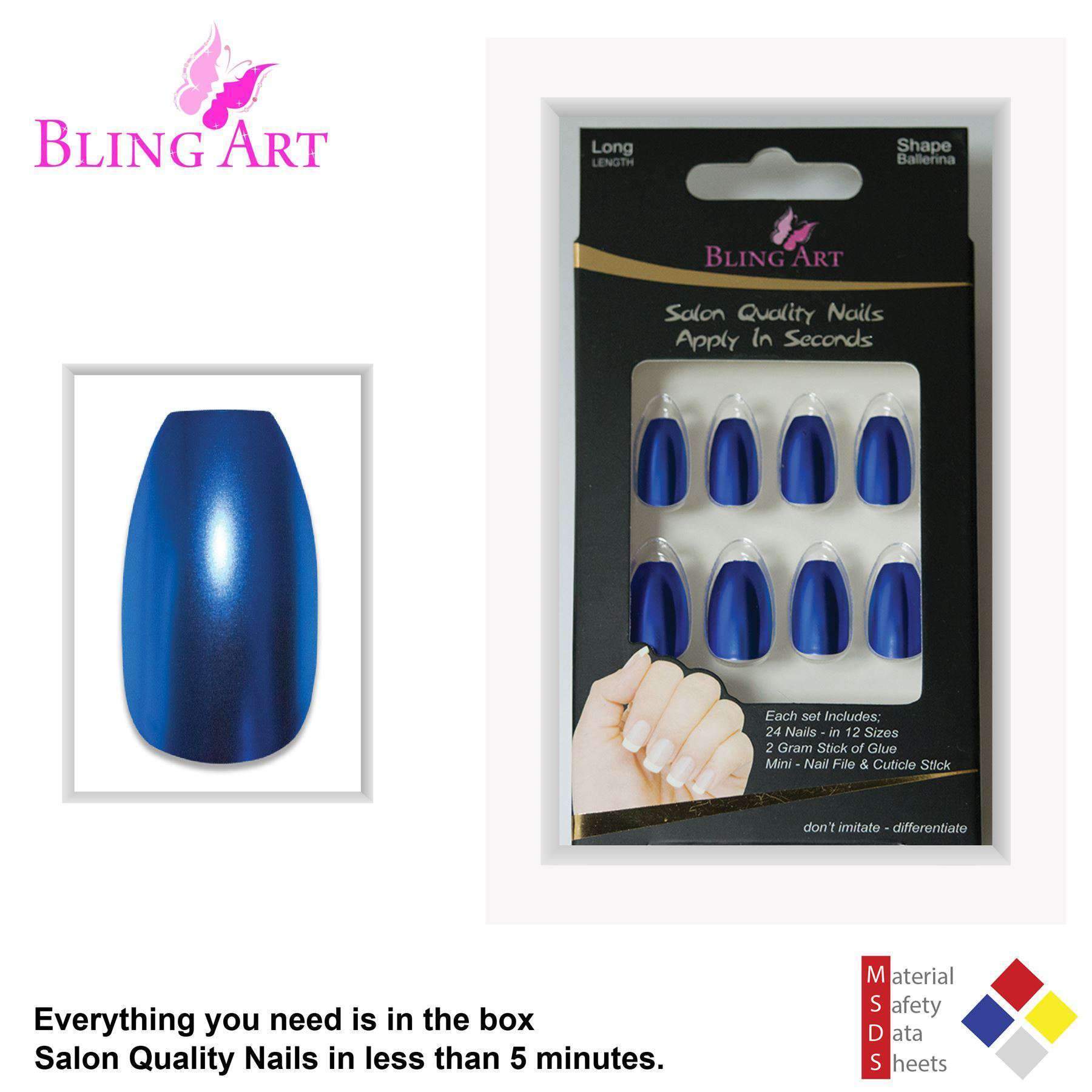 Bling Art Blue Matte Metallic Ballerina Coffin Fake Nails set with glue, nail file, and cuticle stick, showcasing a stylish ocean-inspired design.