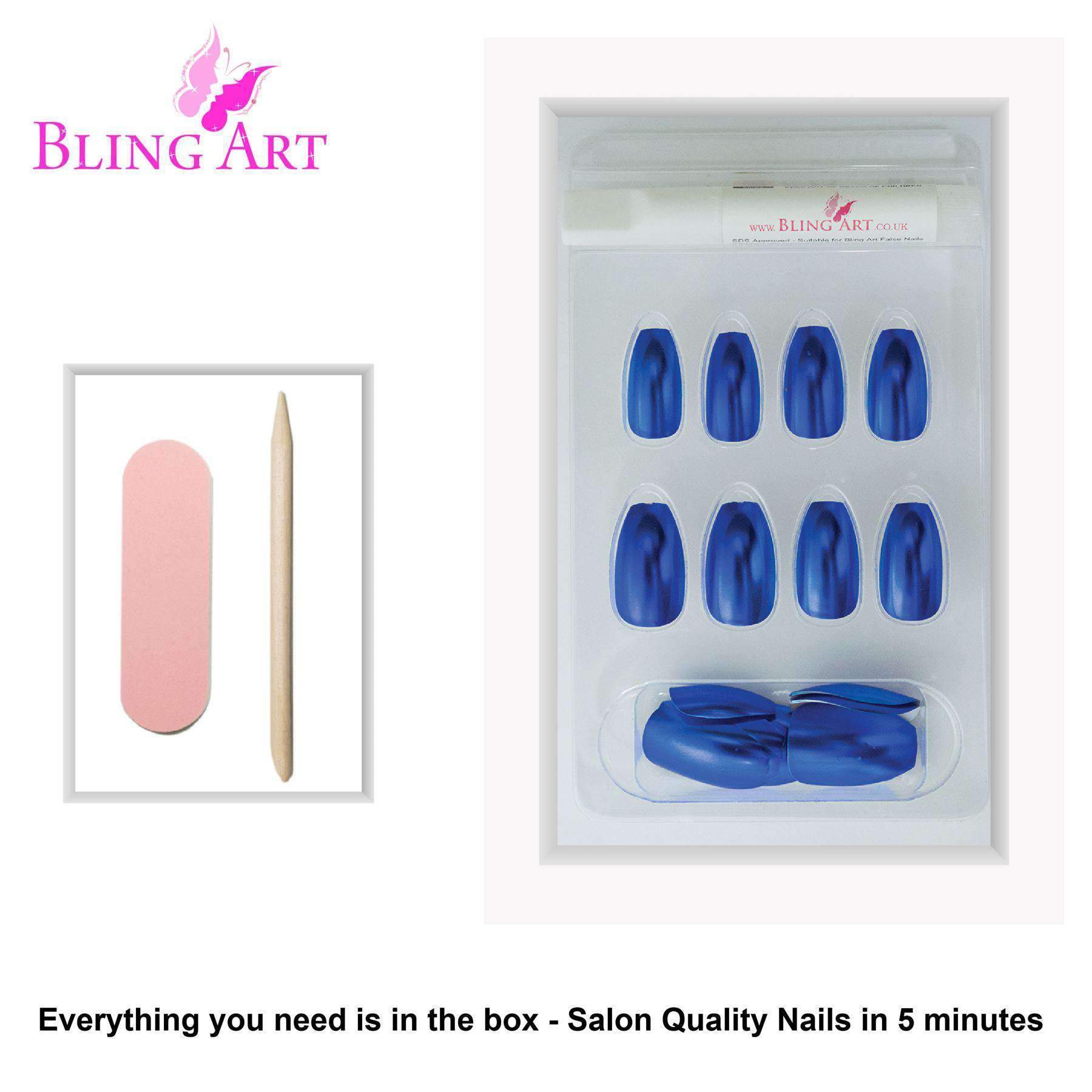 Bling Art Blue Matte Metallic Ballerina Coffin Fake Nails set with glue, nail file, and cuticle stick, showcasing a stylish ocean-inspired design.