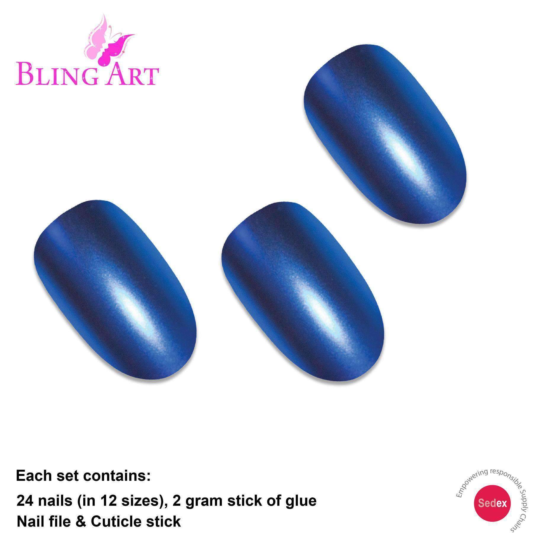 Bling Art Blue Matte Metallic Oval Medium Fake Acrylic Nails displayed with glue, nail file, and cuticle stick.