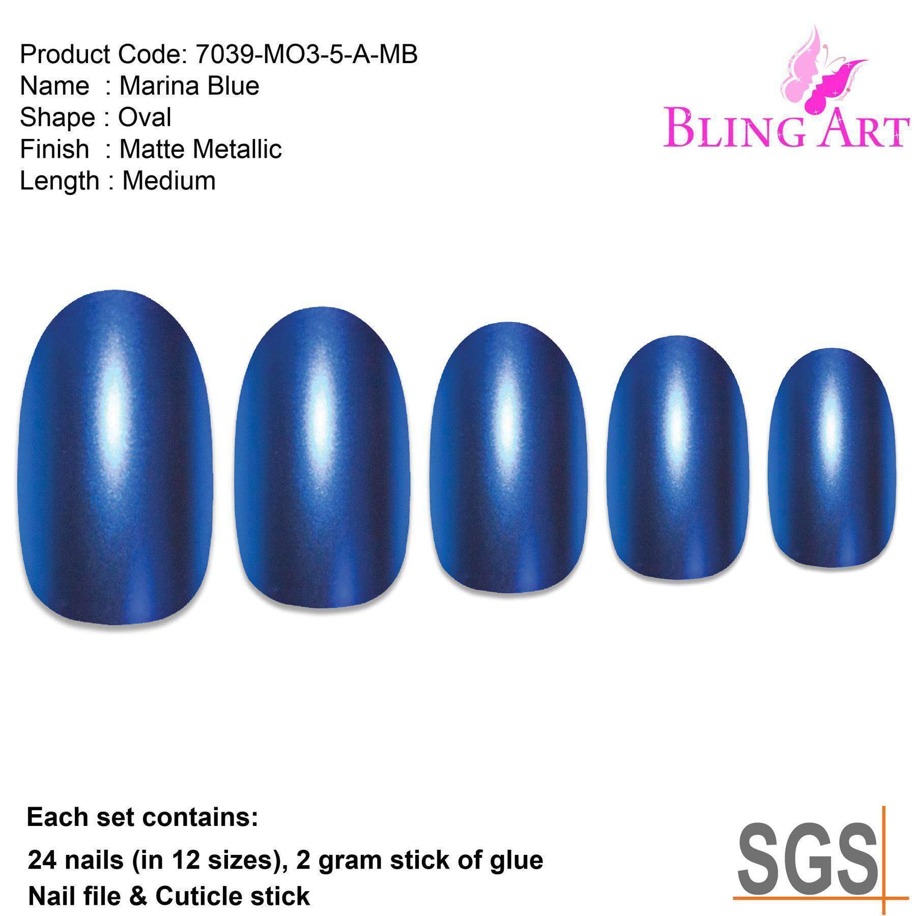 Bling Art Blue Matte Metallic Oval Medium Fake Acrylic Nails displayed with glue, nail file, and cuticle stick.