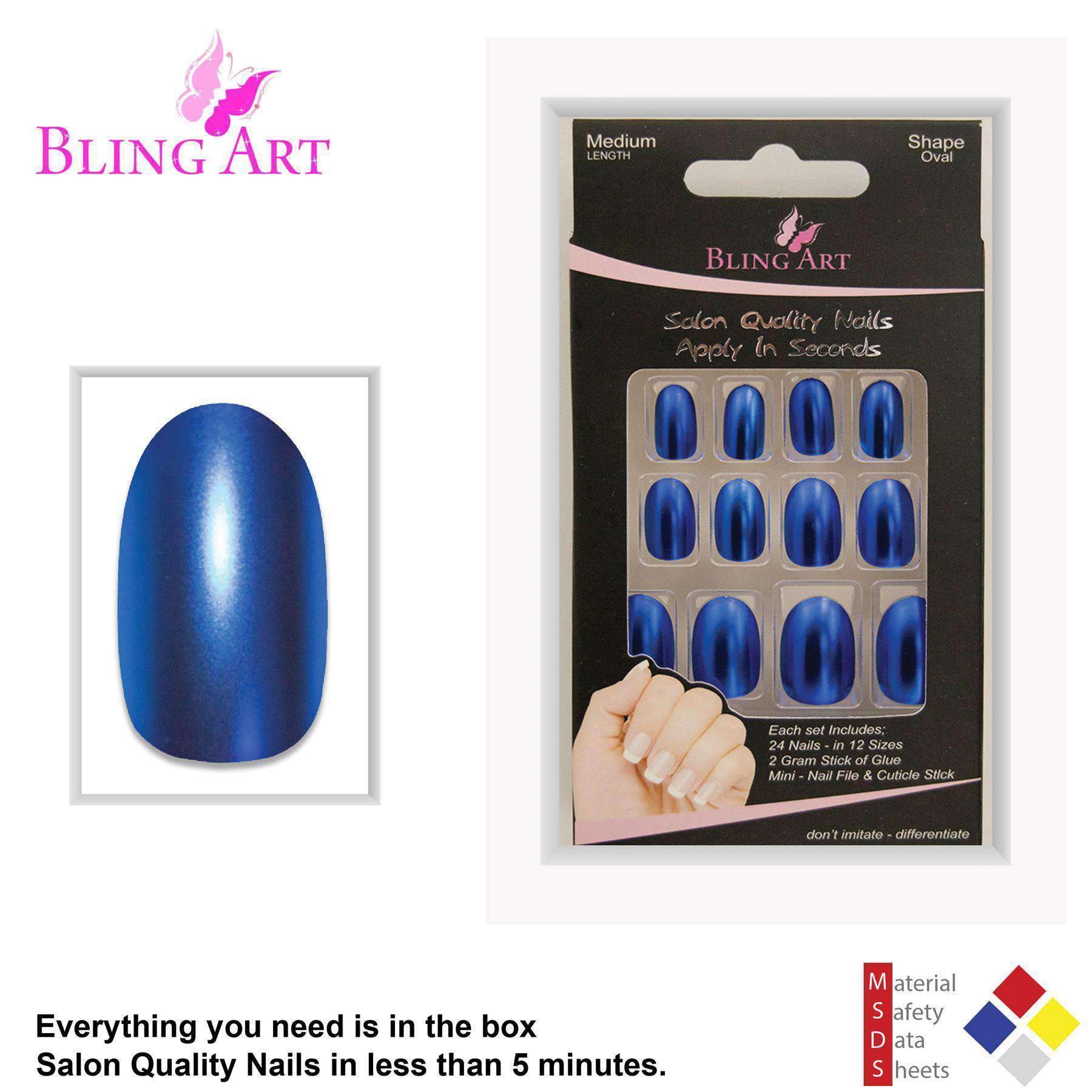 Bling Art Blue Matte Metallic Oval Medium Fake Acrylic Nails displayed with glue, nail file, and cuticle stick.