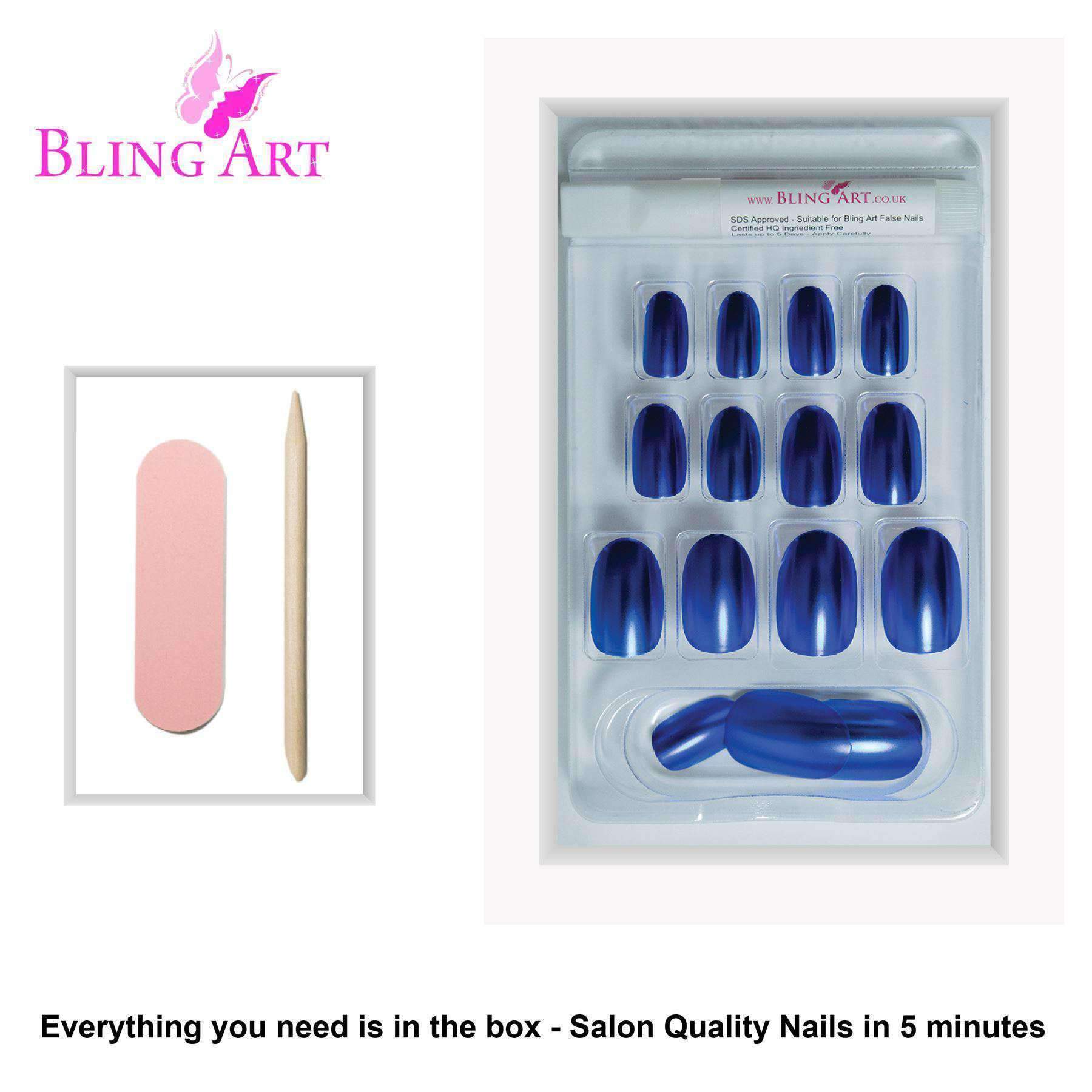 Bling Art Blue Matte Metallic Oval Medium Fake Acrylic Nails displayed with glue, nail file, and cuticle stick.