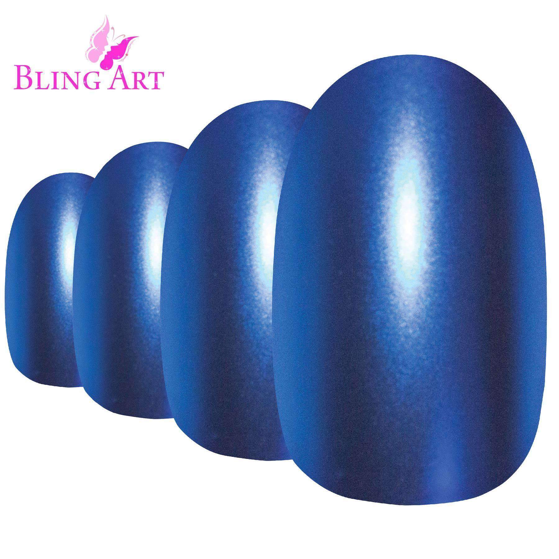 Bling Art Blue Matte Metallic Oval Medium Fake Acrylic Nails displayed with glue, nail file, and cuticle stick.