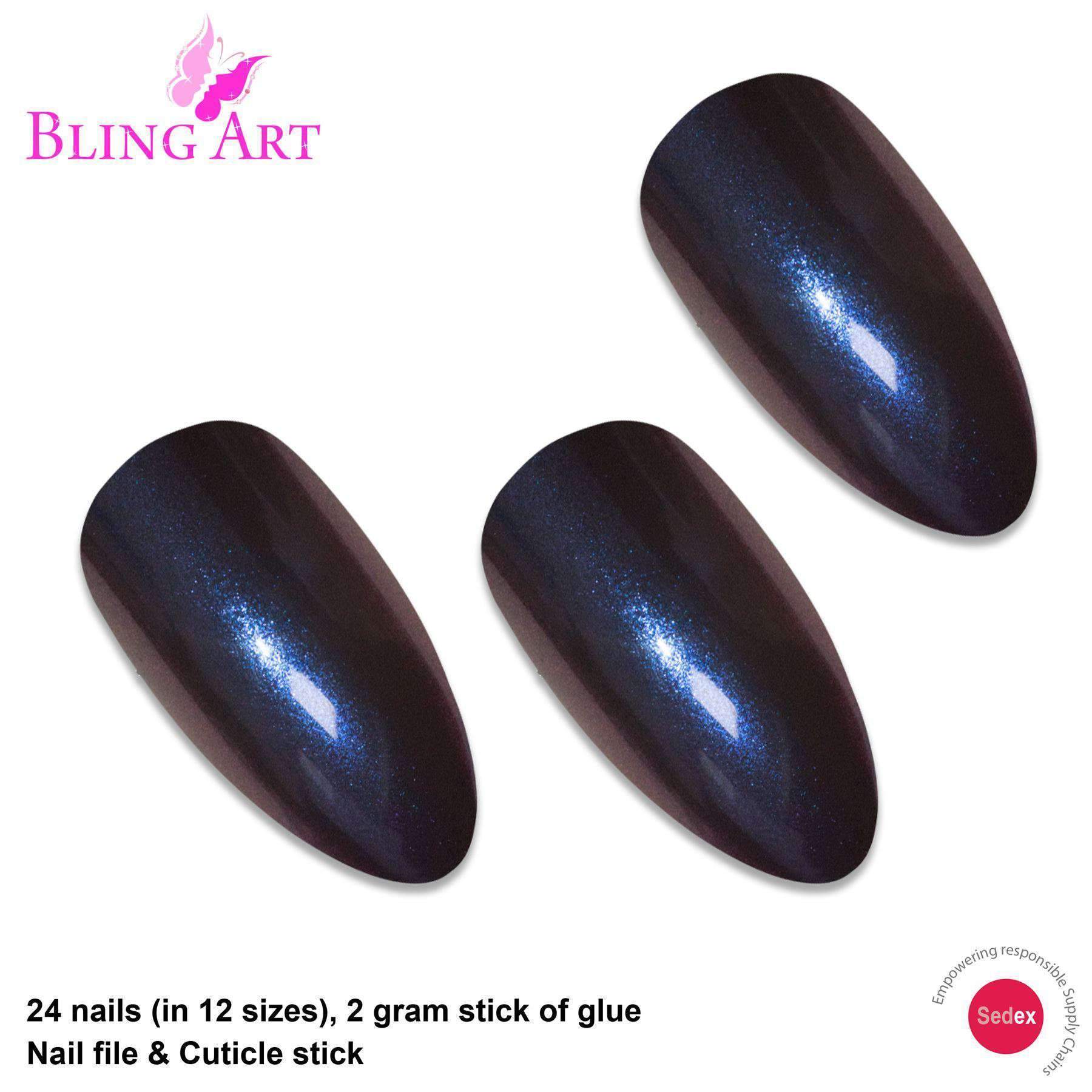 Bling Art Blue Purple Chameleon Almond Stiletto false nails set with 24 acrylic tips, glue, nail file, and cuticle stick.