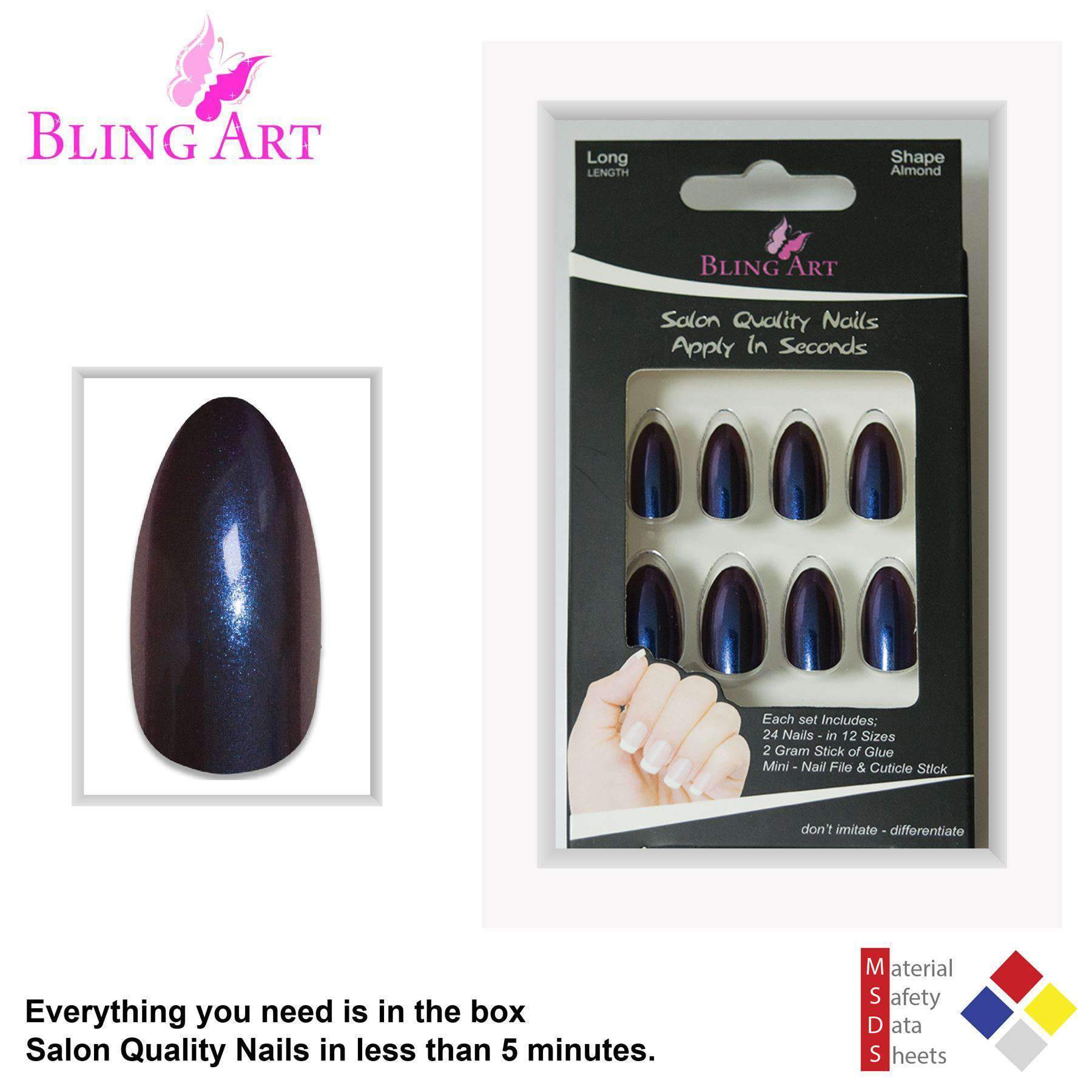 Bling Art Blue Purple Chameleon Almond Stiletto false nails set with 24 acrylic tips, glue, nail file, and cuticle stick.