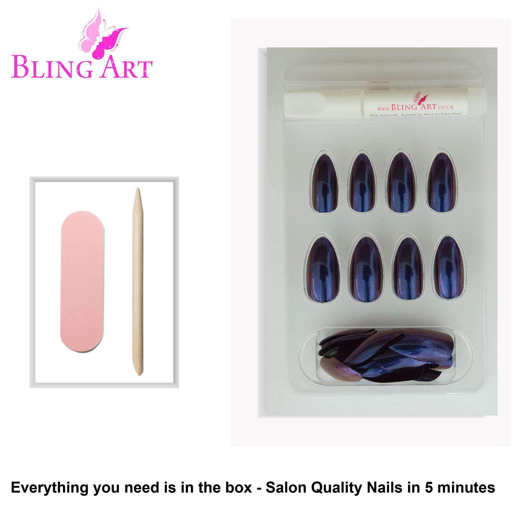 Bling Art Blue Purple Chameleon Almond Stiletto false nails set with 24 acrylic tips, glue, nail file, and cuticle stick.