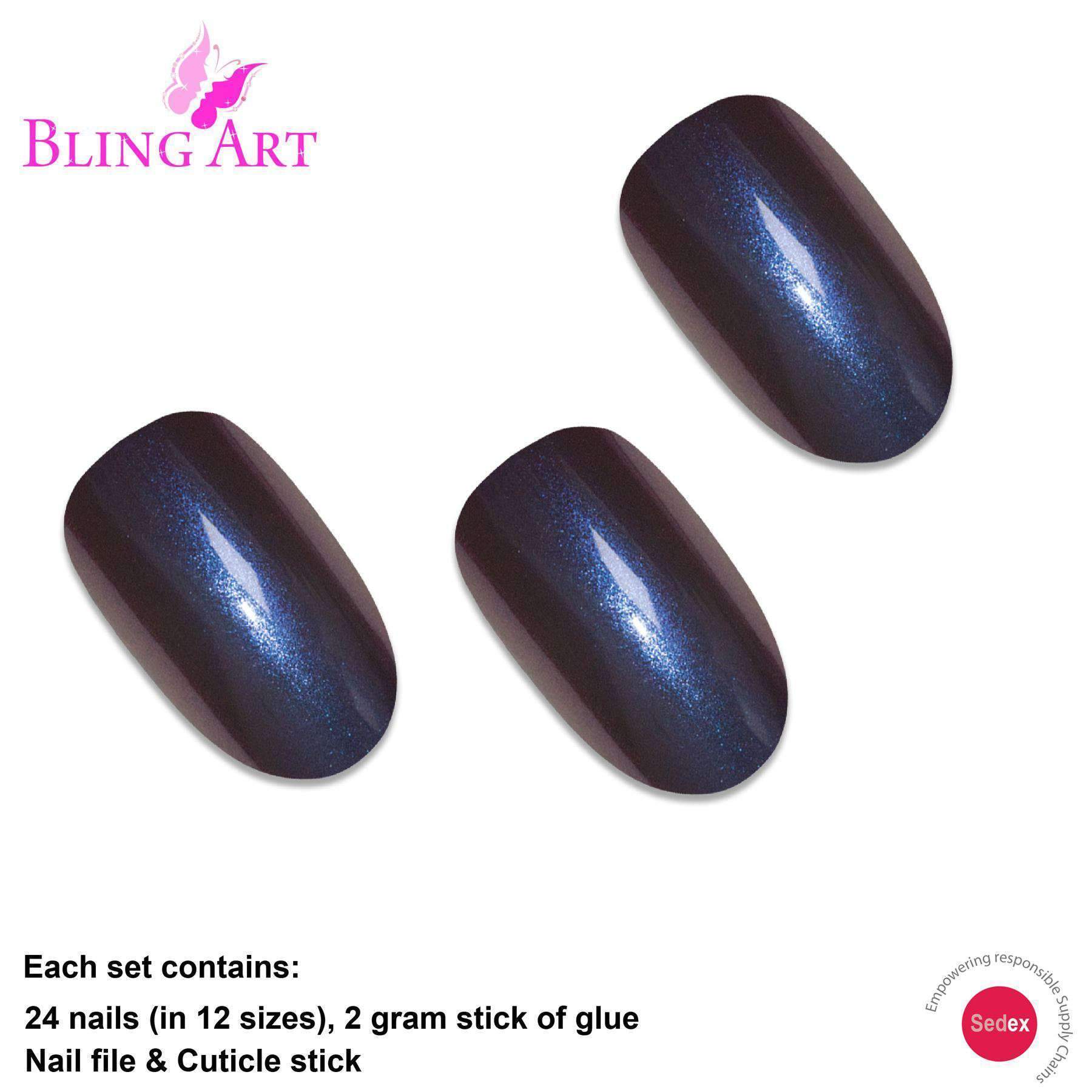 Bling Art Blue Purple Chameleon Oval Medium Fake Nails set with 24 acrylic tips, glue, nail file, and cuticle stick.