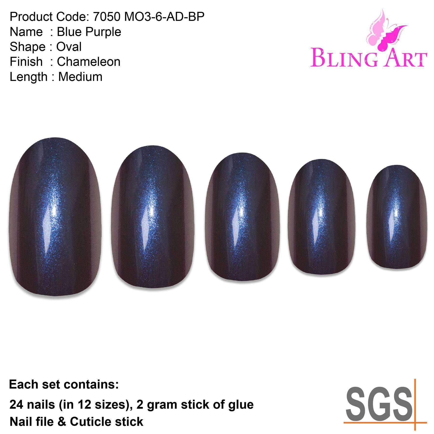 Bling Art Blue Purple Chameleon Oval Medium Fake Nails set with 24 acrylic tips, glue, nail file, and cuticle stick.