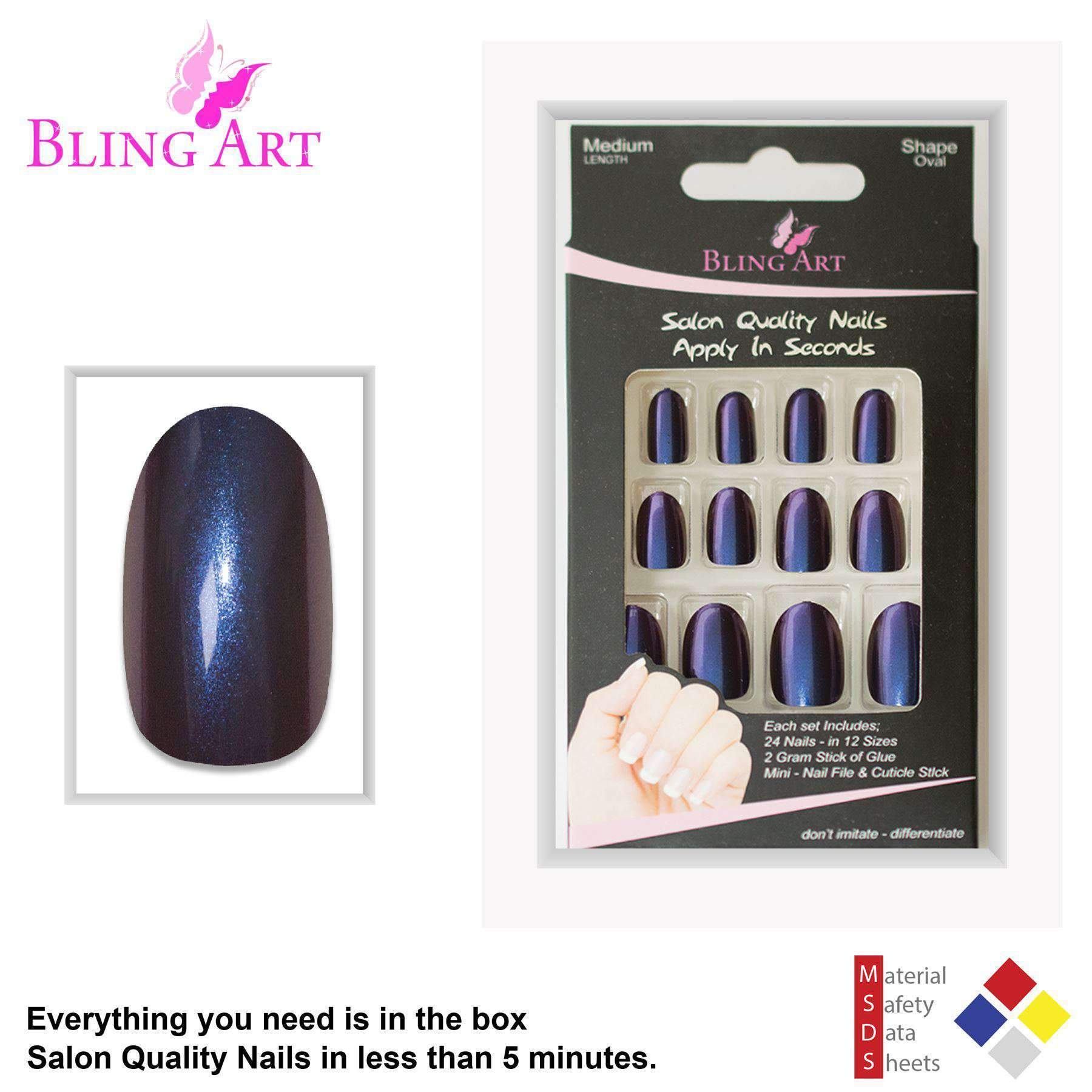 Bling Art Blue Purple Chameleon Oval Medium Fake Nails set with 24 acrylic tips, glue, nail file, and cuticle stick.