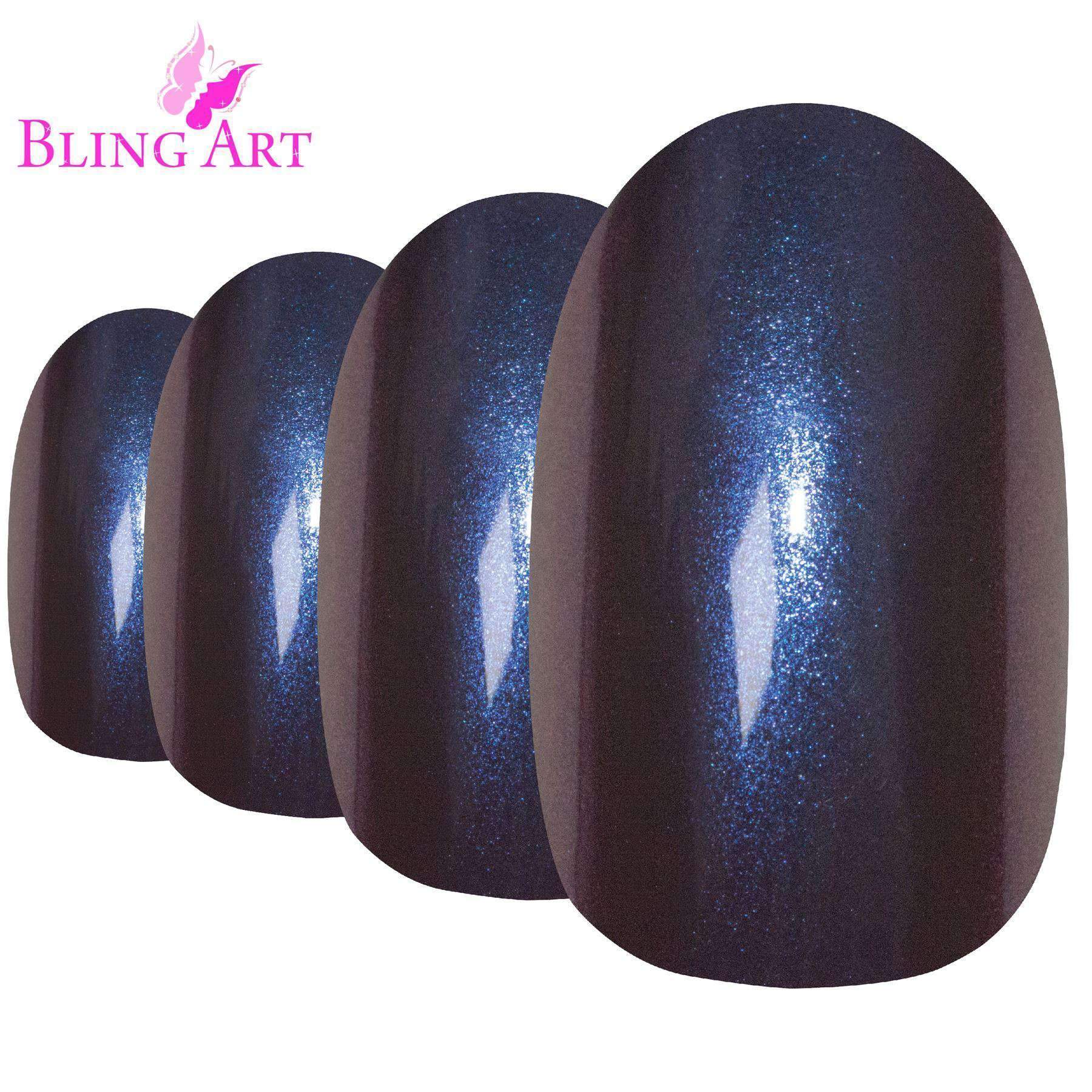 Bling Art Blue Purple Chameleon Oval Medium Fake Nails set with 24 acrylic tips, glue, nail file, and cuticle stick.