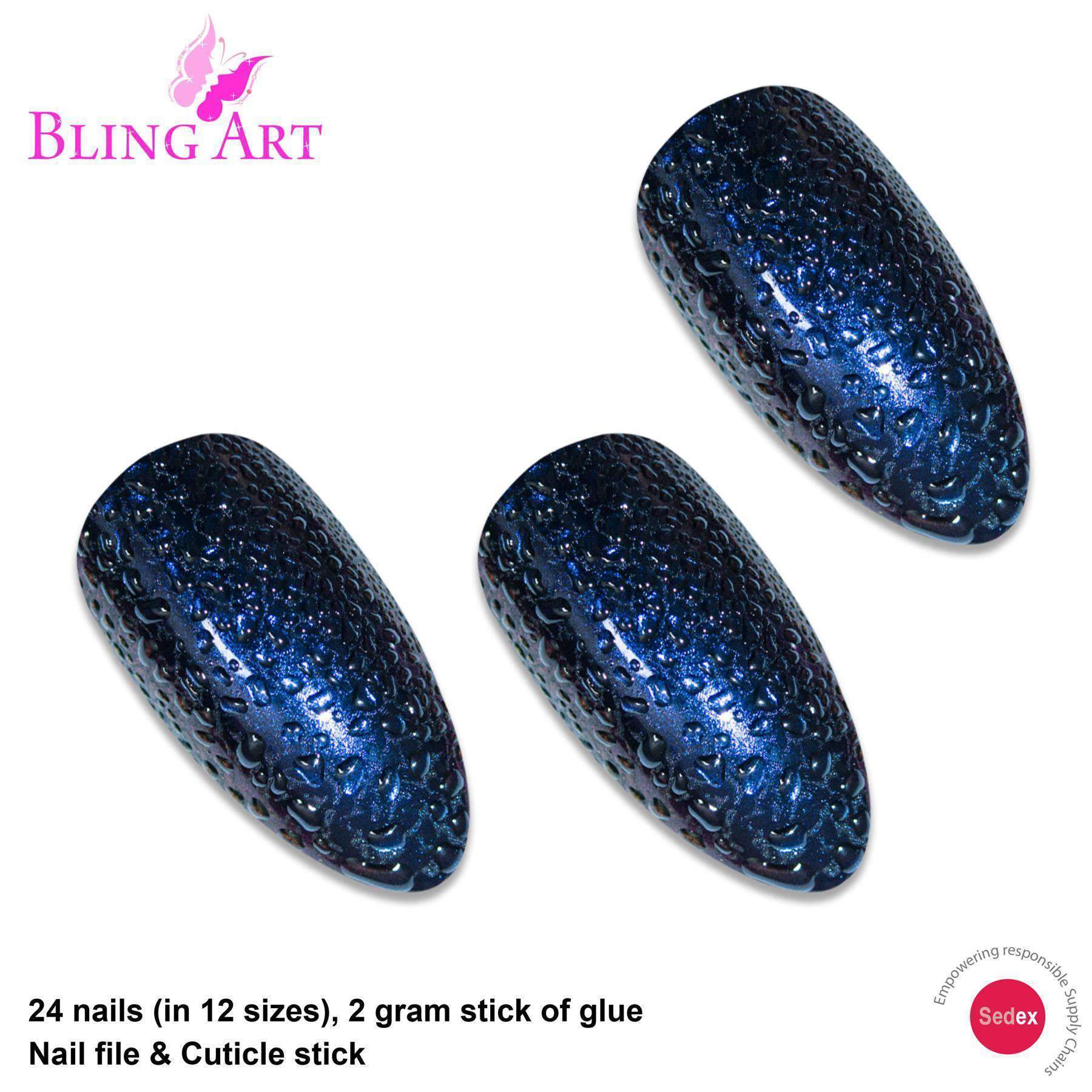 Bling Art Blue Purple Water Almond Stiletto Acrylic False Nails set with 24 stylish tips, glue, nail file, and cuticle stick.