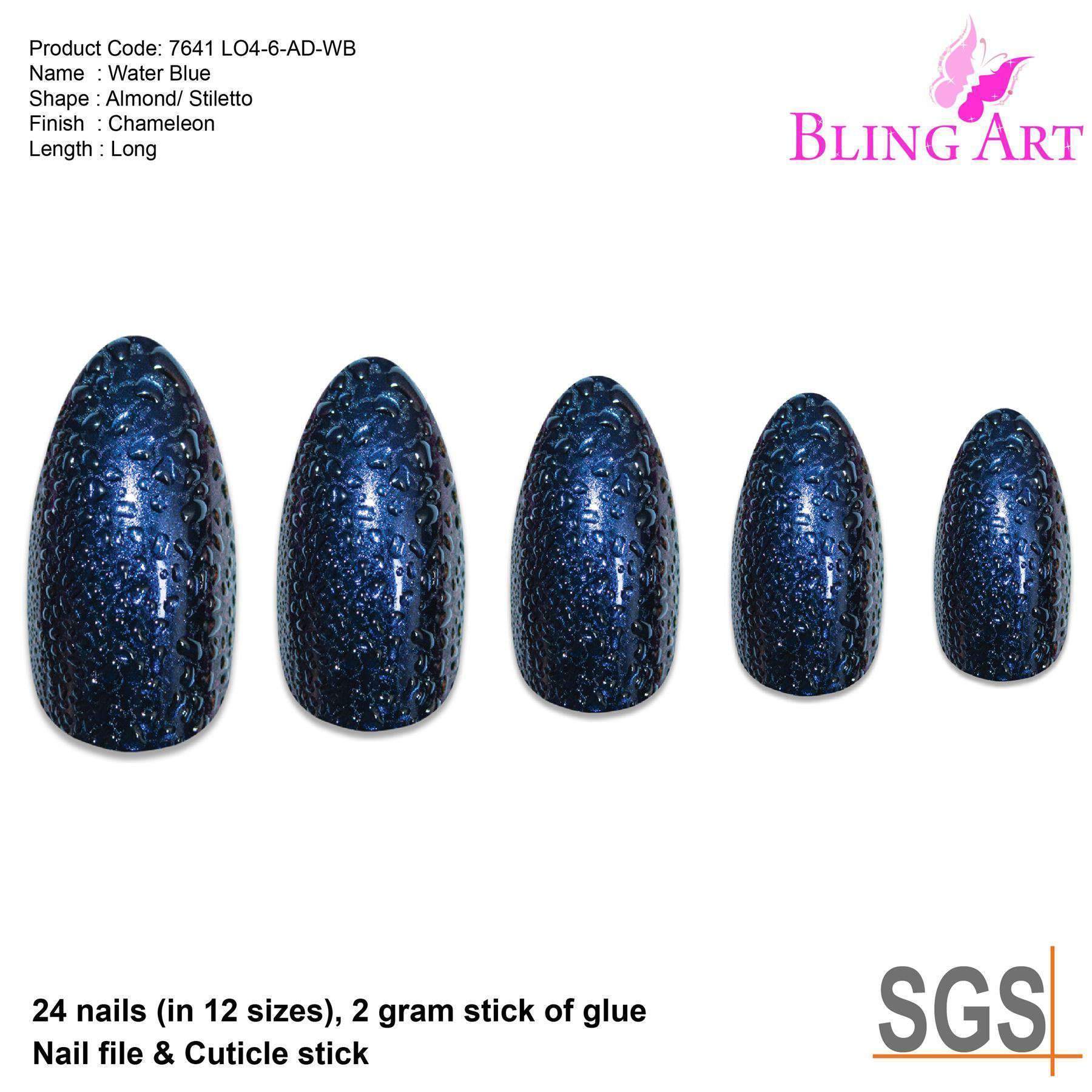 Bling Art Blue Purple Water Almond Stiletto Acrylic False Nails set with 24 stylish tips, glue, nail file, and cuticle stick.