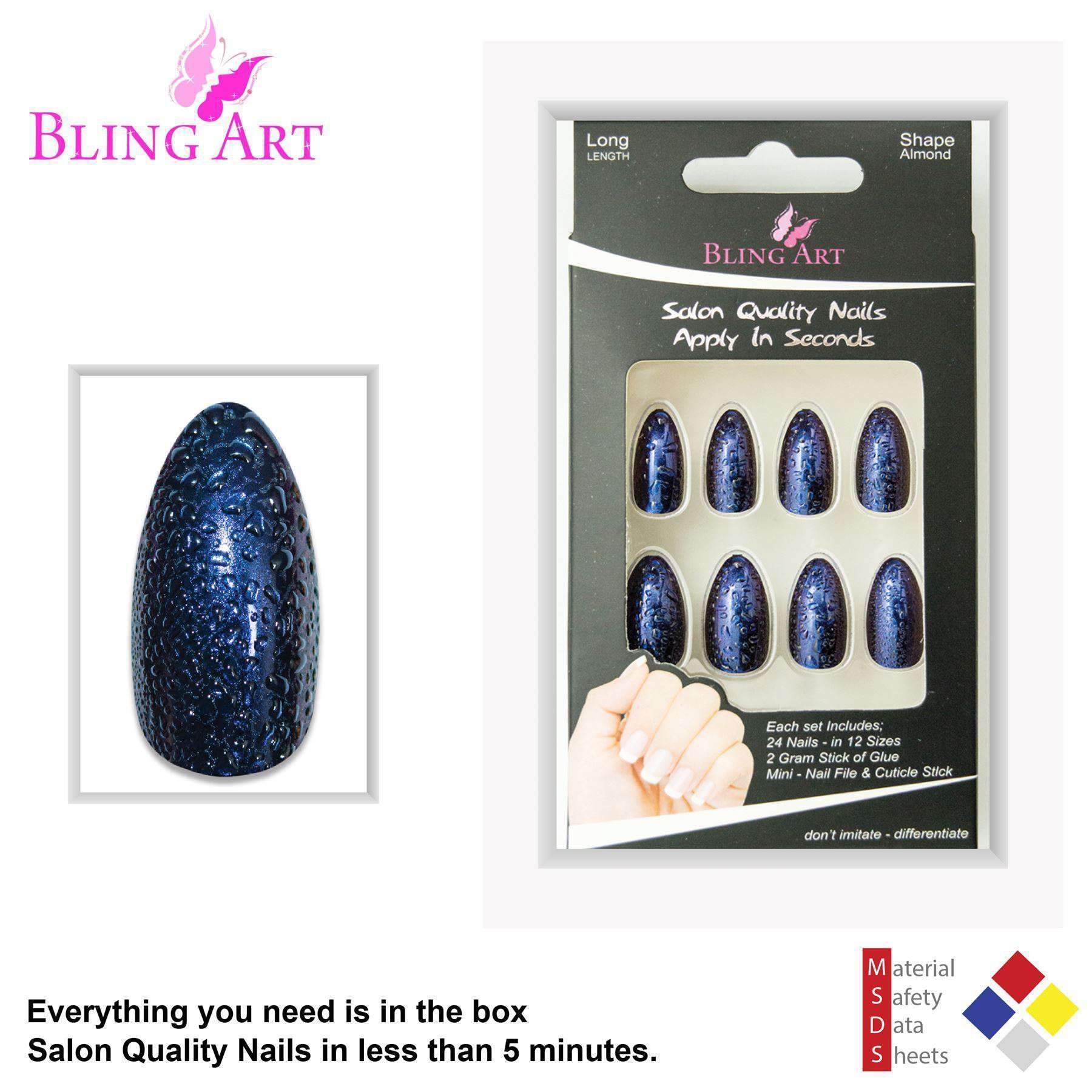 Bling Art Blue Purple Water Almond Stiletto Acrylic False Nails set with 24 stylish tips, glue, nail file, and cuticle stick.