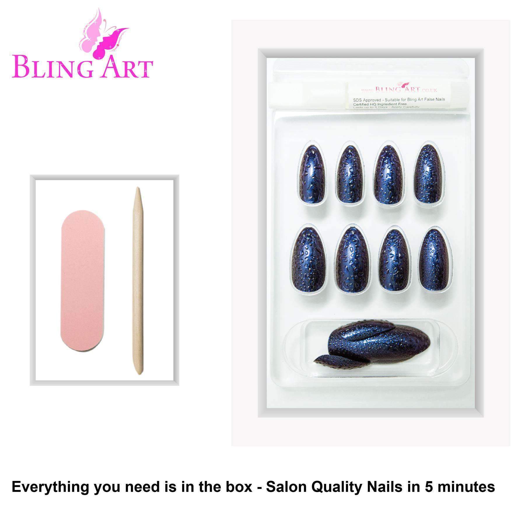 Bling Art Blue Purple Water Almond Stiletto Acrylic False Nails set with 24 stylish tips, glue, nail file, and cuticle stick.