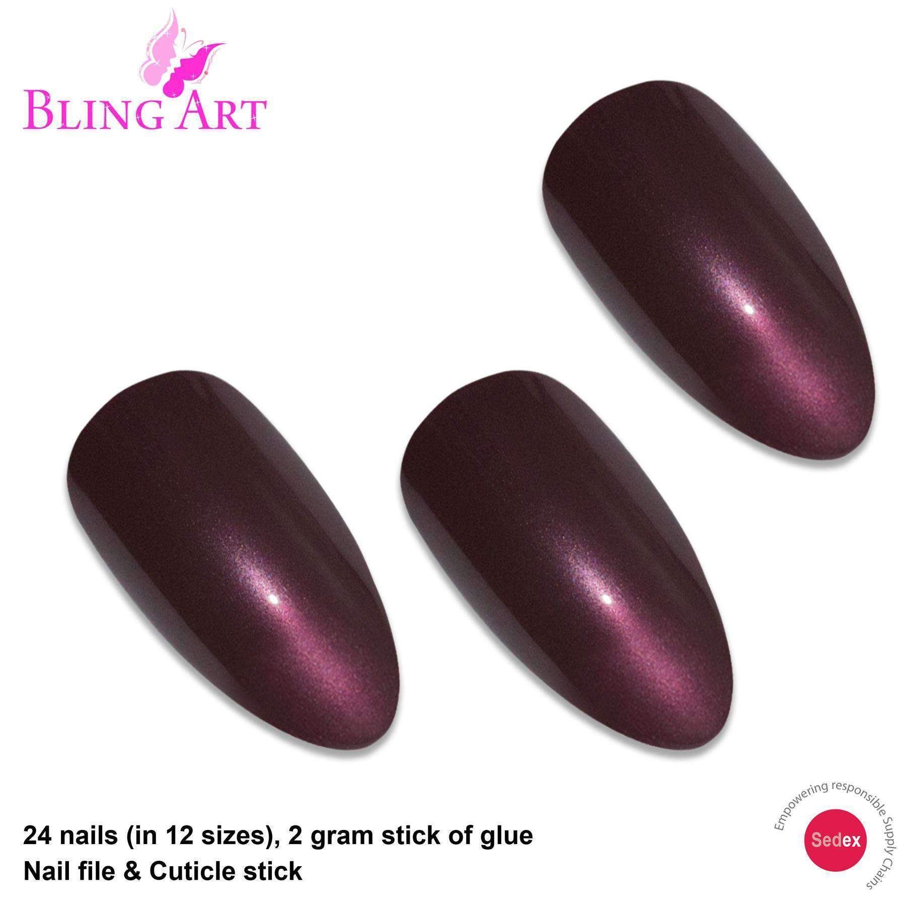 Bling Art Brown Glitter Almond Stiletto Fake Nails set with 24 acrylic tips, glue, nail file, and cuticle stick, showcasing a glamorous design.