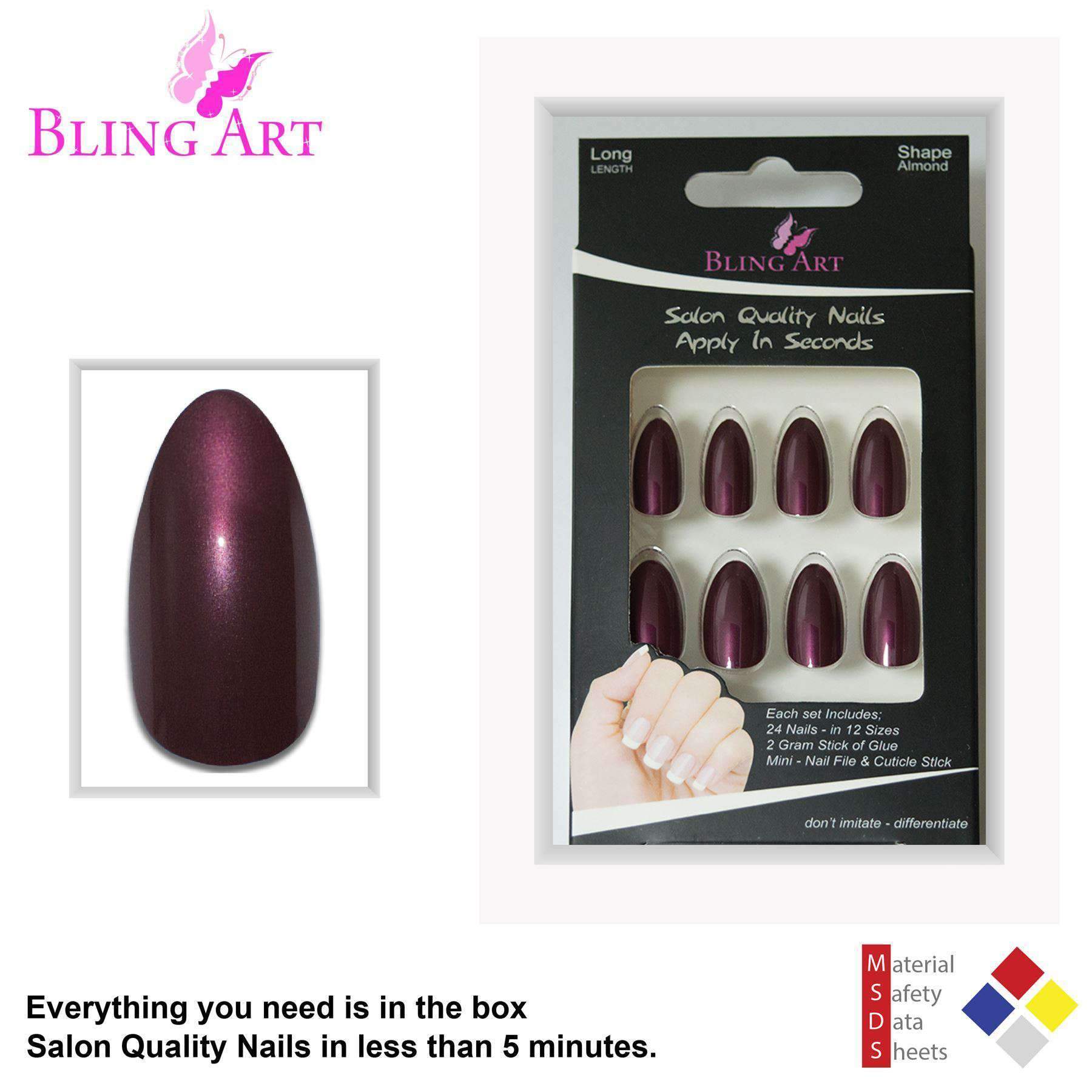 Bling Art Brown Glitter Almond Stiletto Fake Nails set with 24 acrylic tips, glue, nail file, and cuticle stick, showcasing a glamorous design.