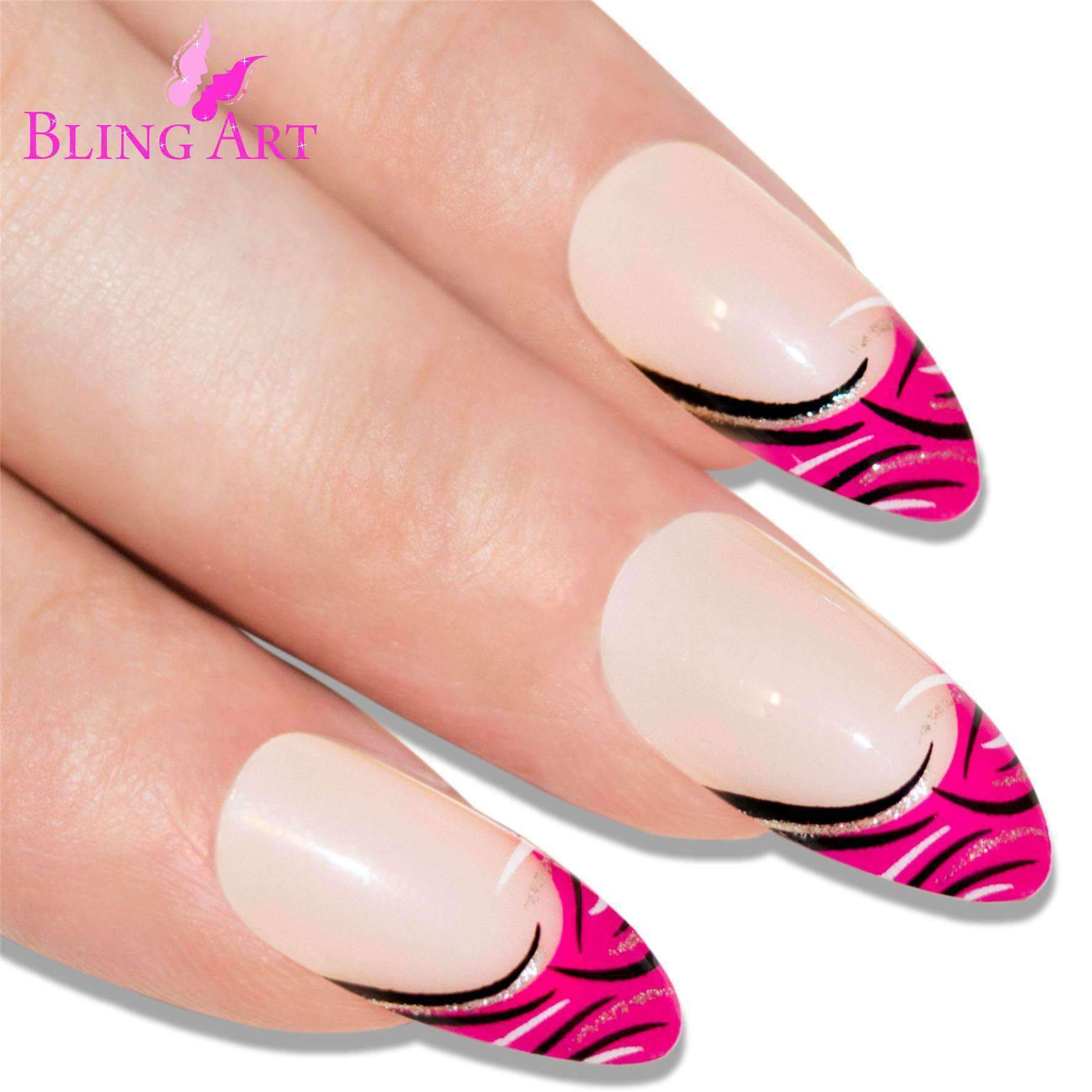 Bling Art Glitter Pink False Nails set featuring 24 almond stiletto long fake nails with a glitter wave design, glue, nail file, and cuticle stick.