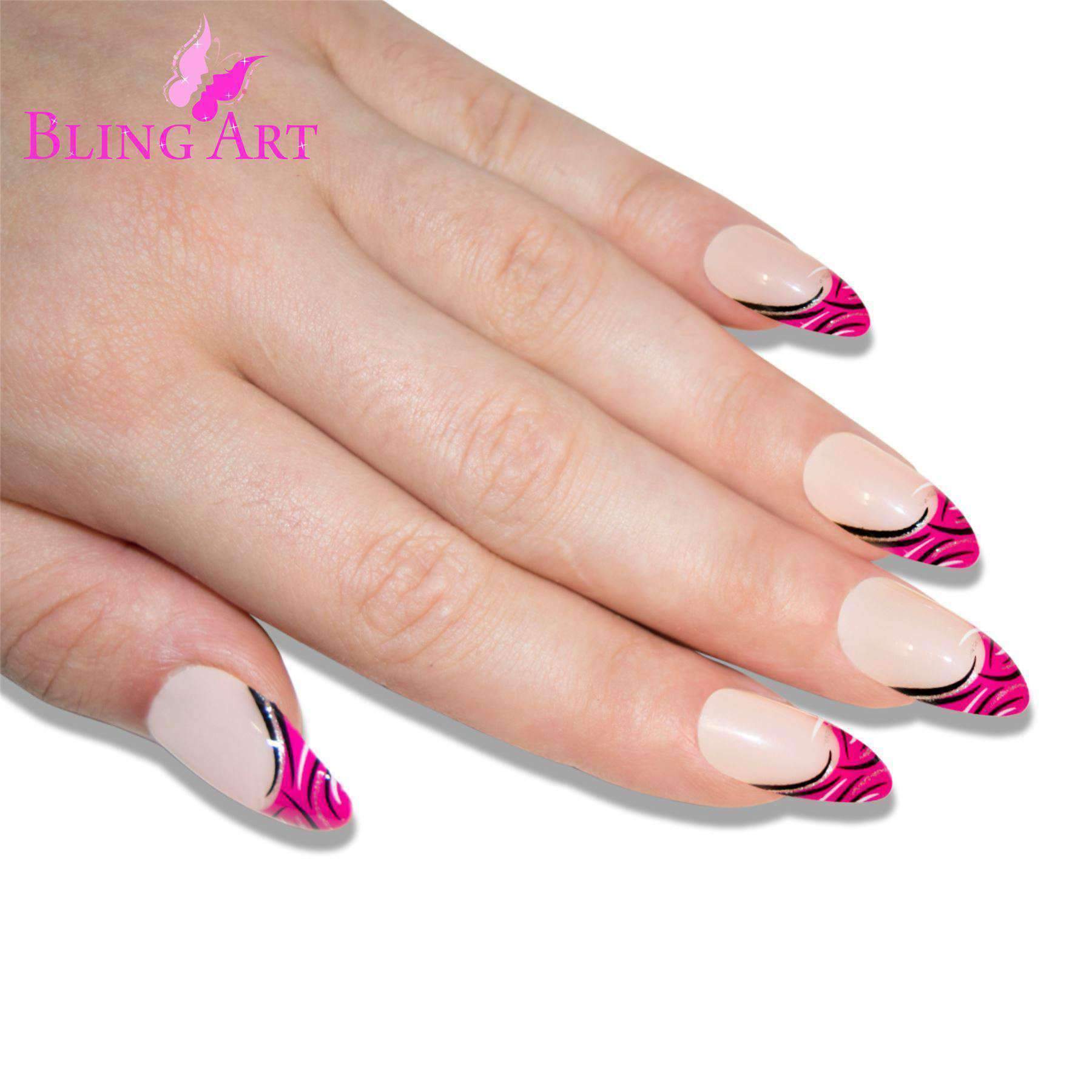 Bling Art Glitter Pink False Nails set featuring 24 almond stiletto long fake nails with a glitter wave design, glue, nail file, and cuticle stick.